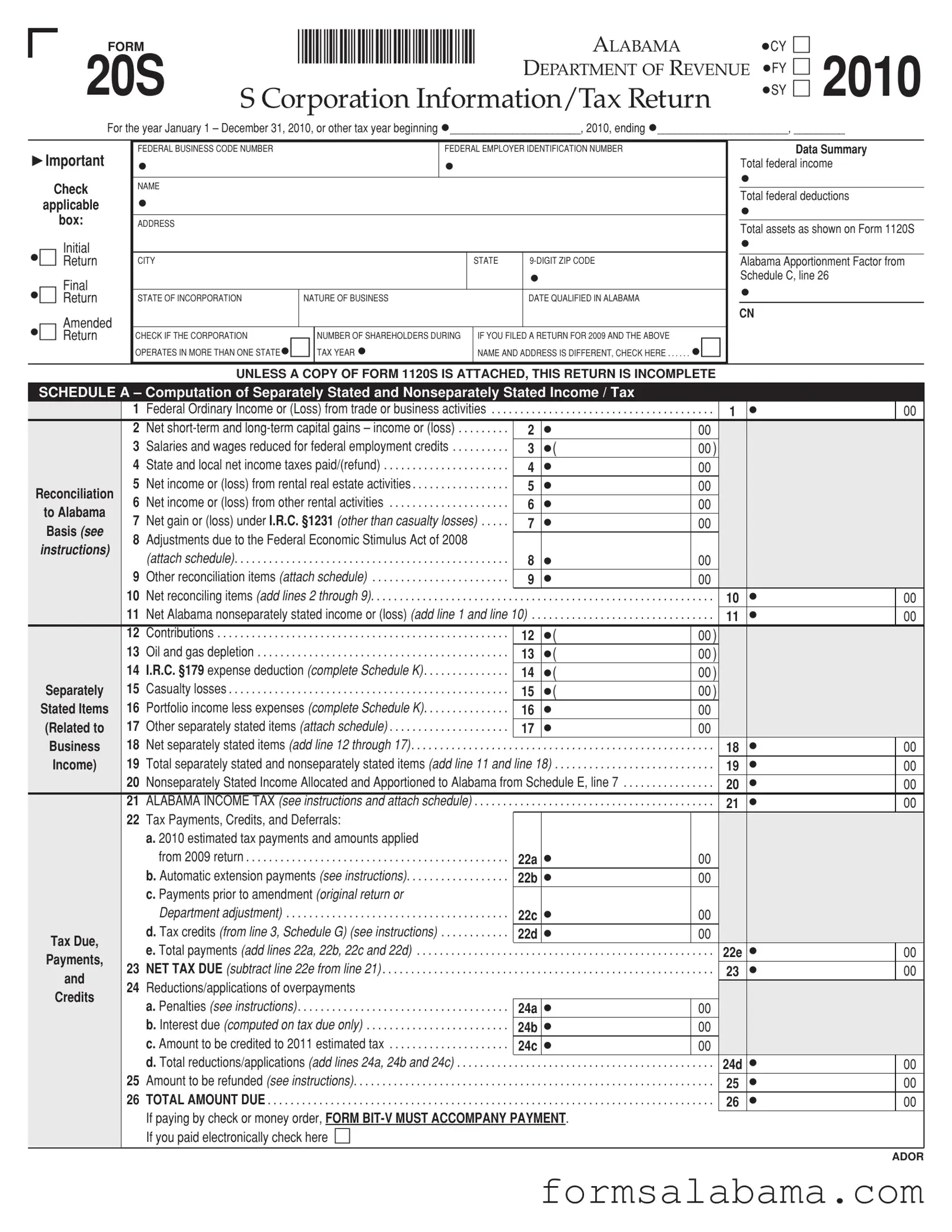 Fill Out a Valid Alabama 20S Template