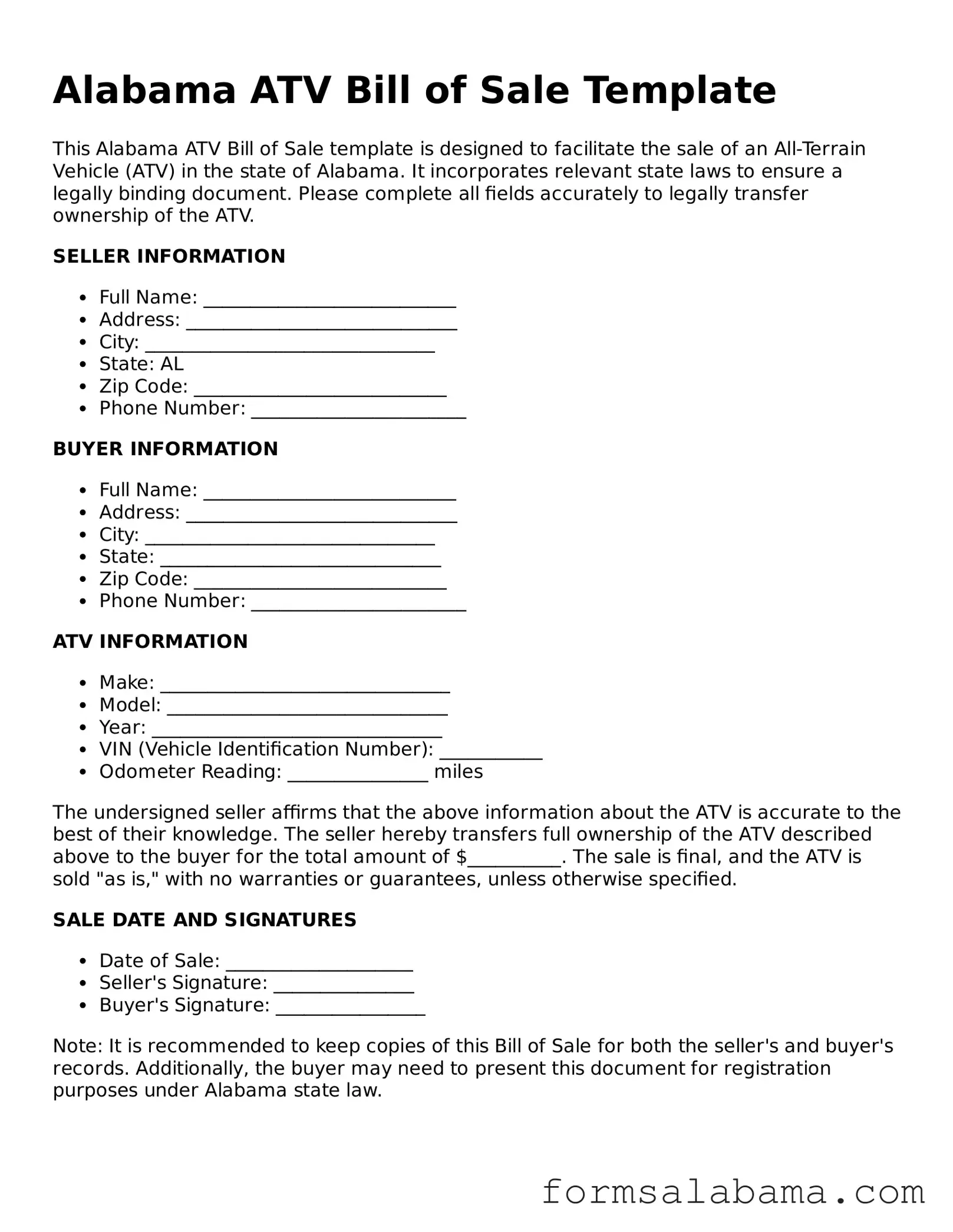 Attorney-Approved  ATV Bill of Sale Form for Alabama