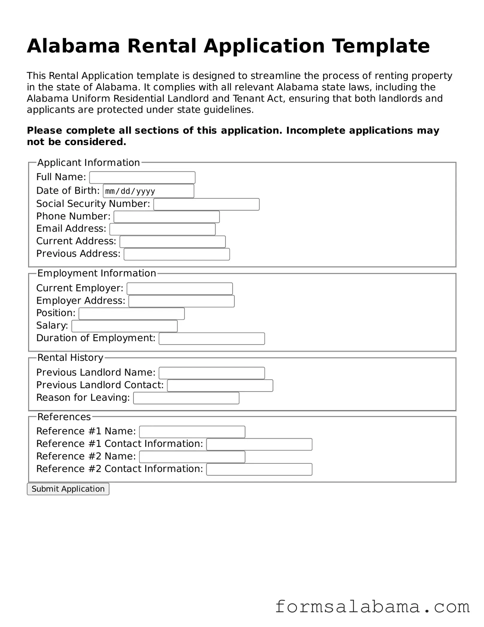 Attorney-Approved  Rental Application Form for Alabama
