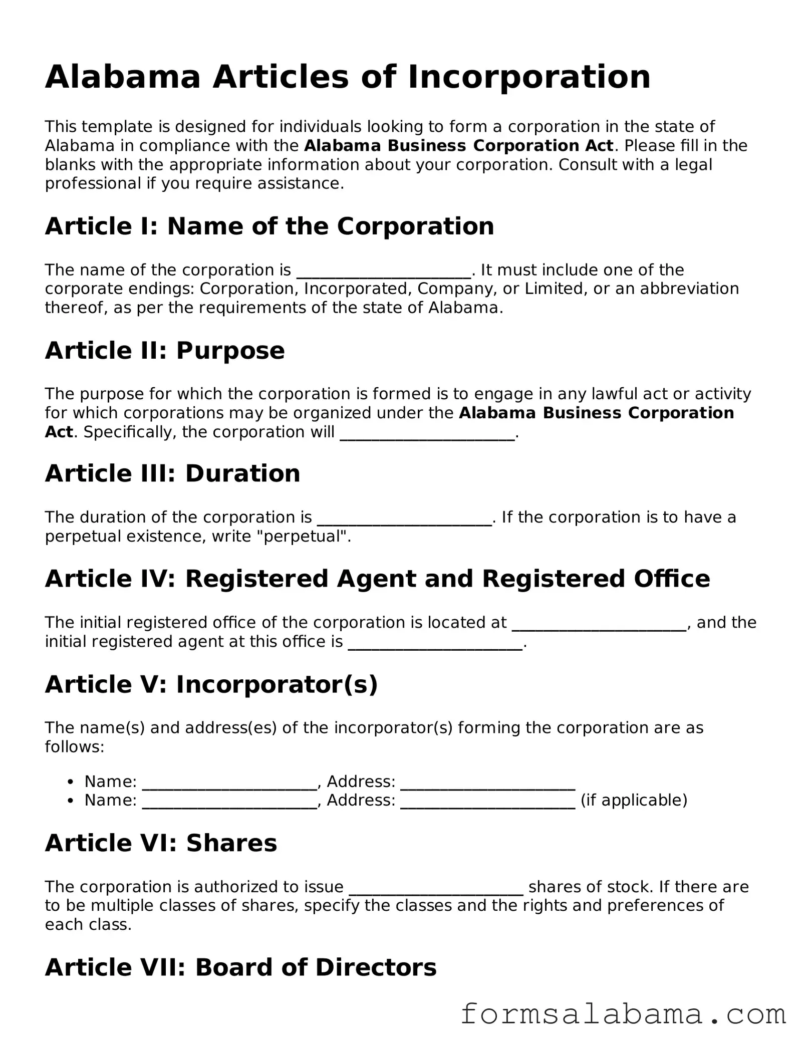 Attorney-Approved  Articles of Incorporation Form for Alabama