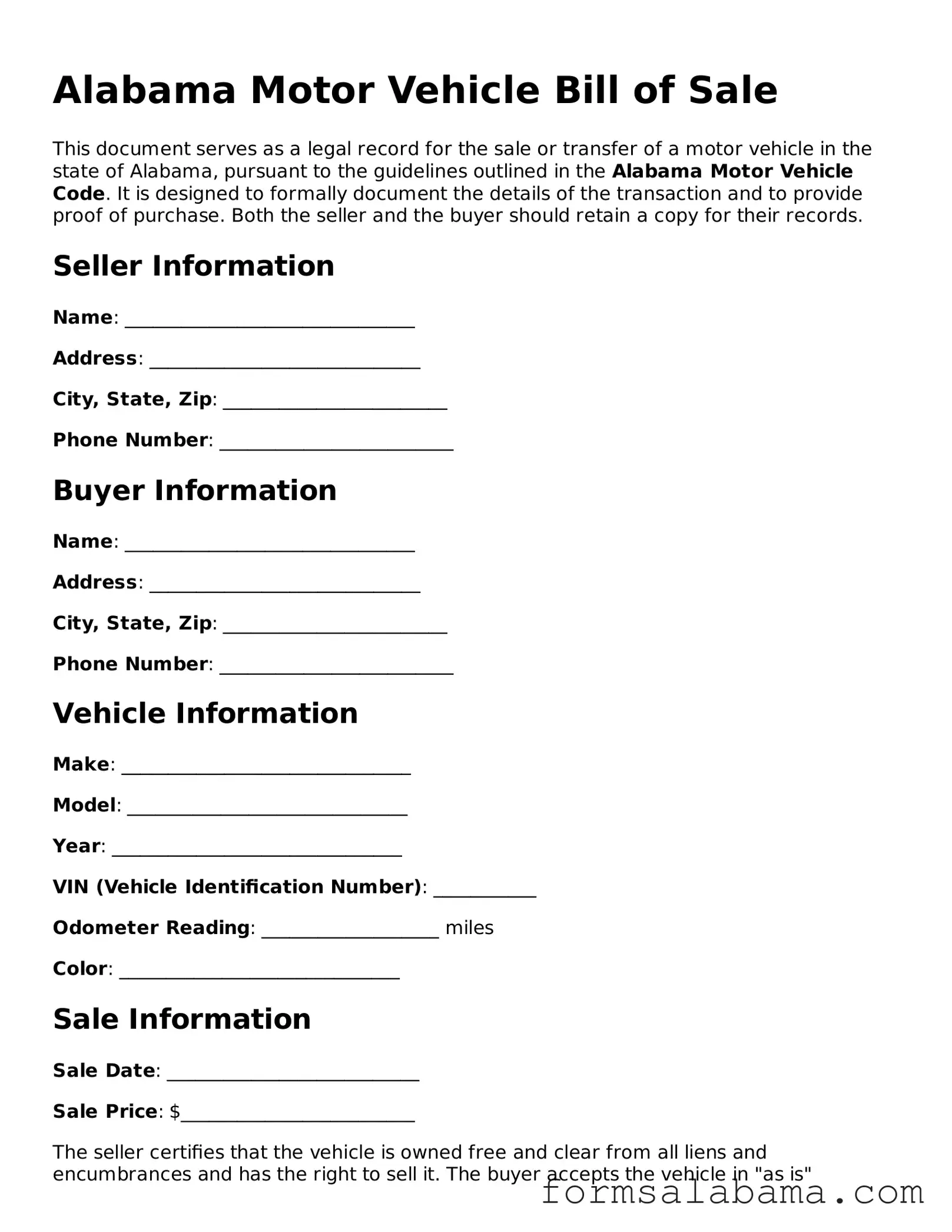 Attorney-Approved  Motor Vehicle Bill of Sale Form for Alabama