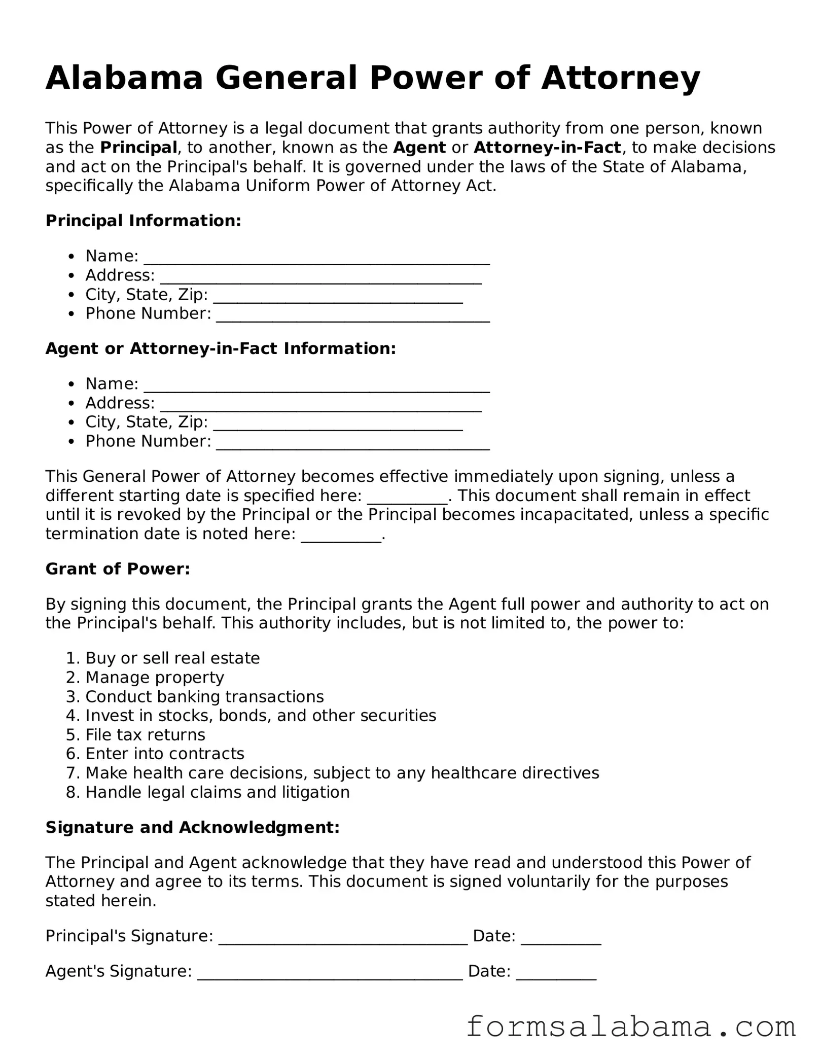 Attorney-Approved  General Power of Attorney Form for Alabama