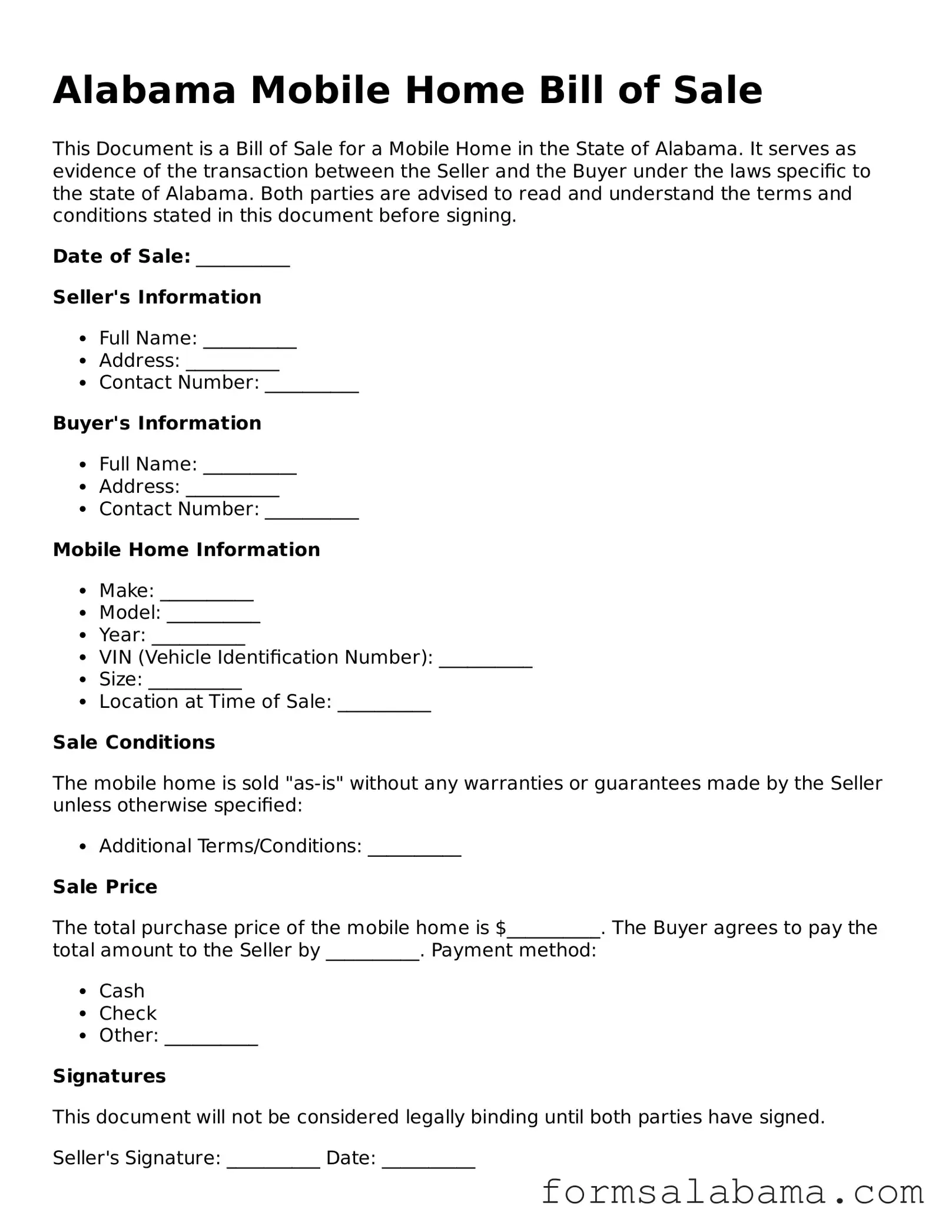 Attorney-Approved  Mobile Home Bill of Sale Form for Alabama