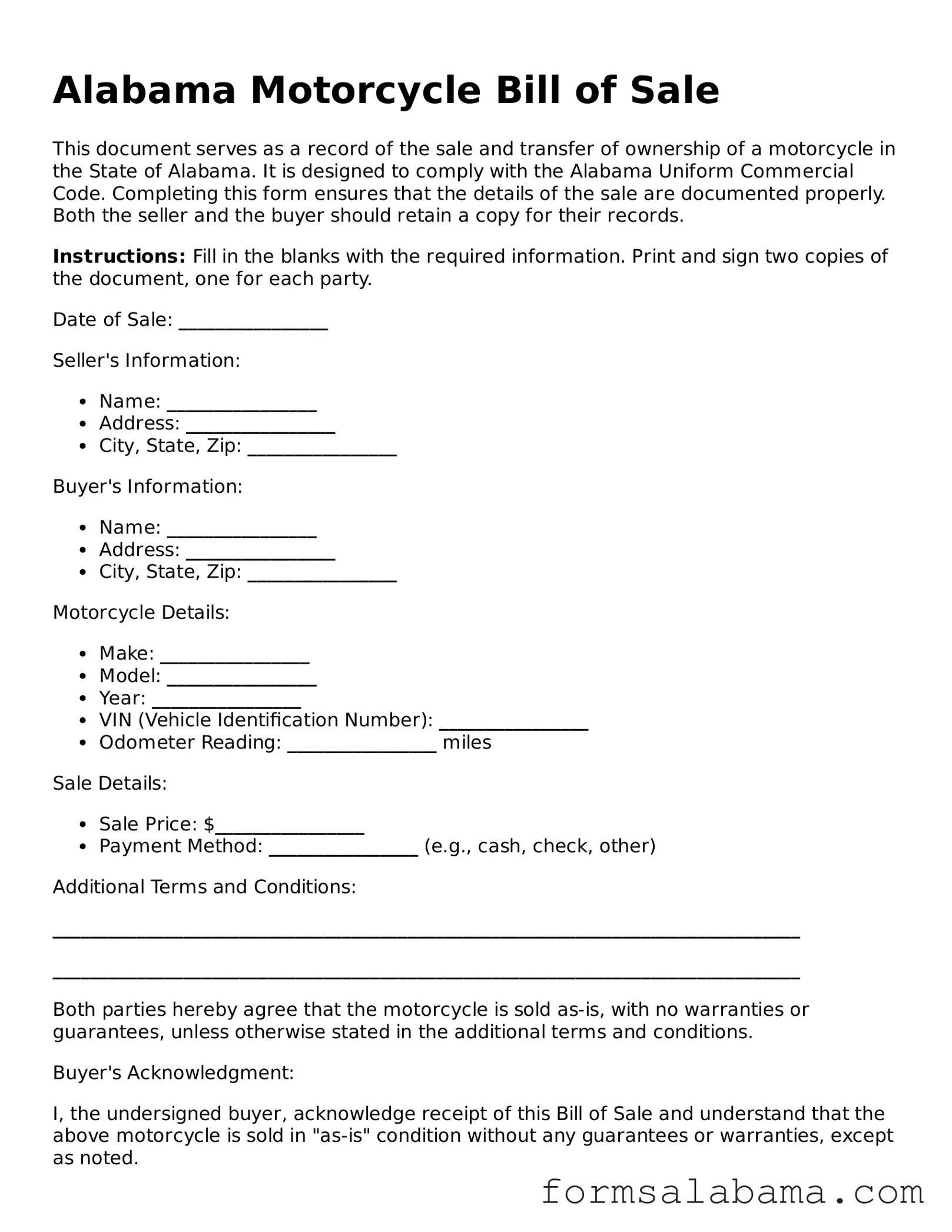 Attorney-Approved  Motorcycle Bill of Sale Form for Alabama
