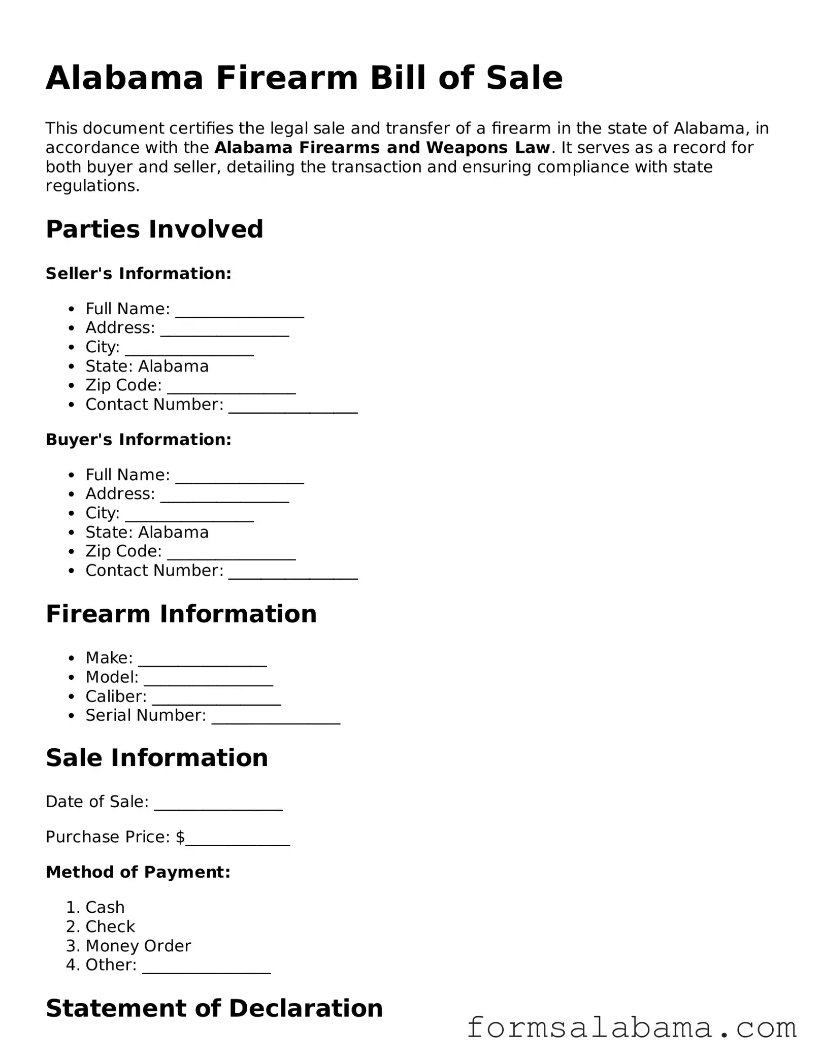 Attorney-Approved  Firearm Bill of Sale Form for Alabama