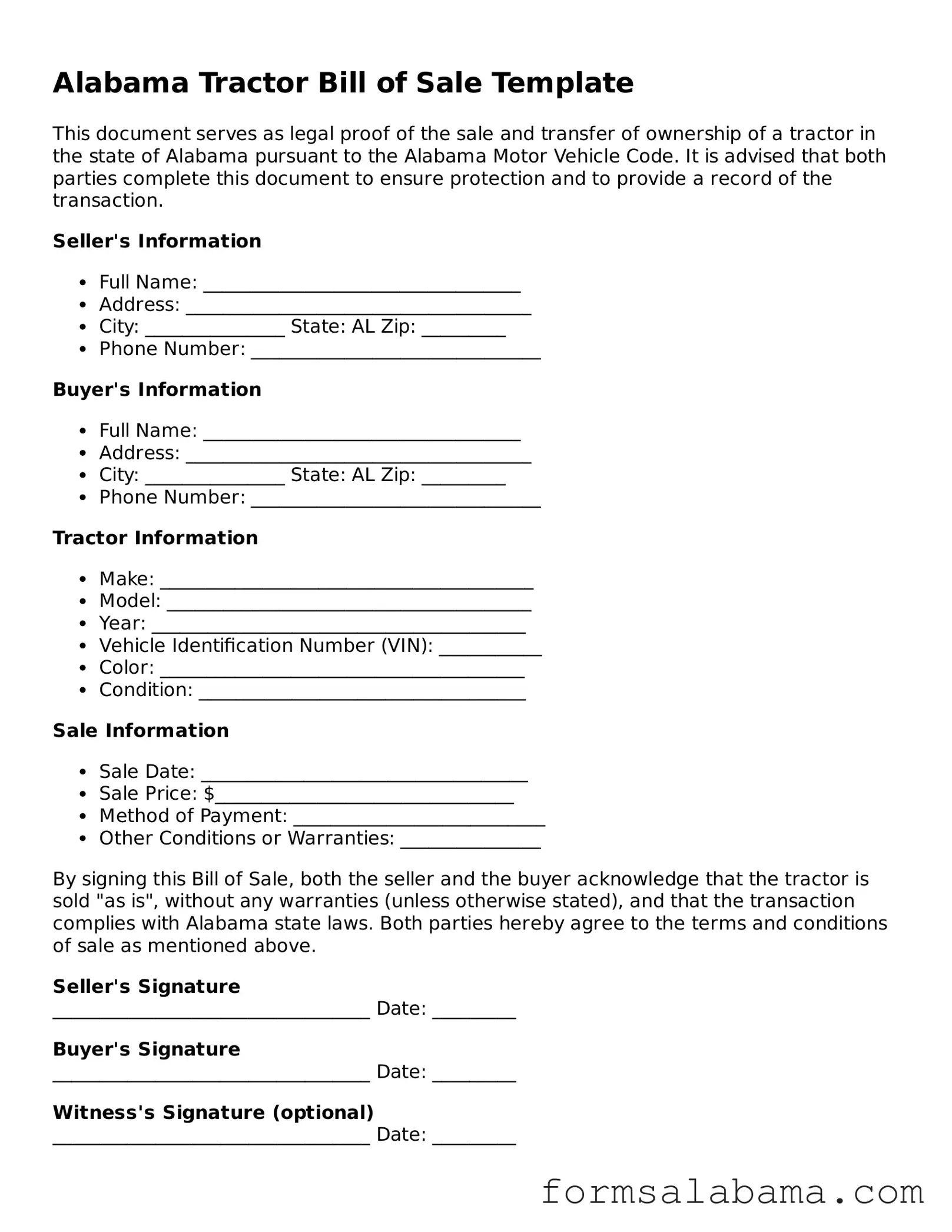 Attorney-Approved  Tractor Bill of Sale Form for Alabama