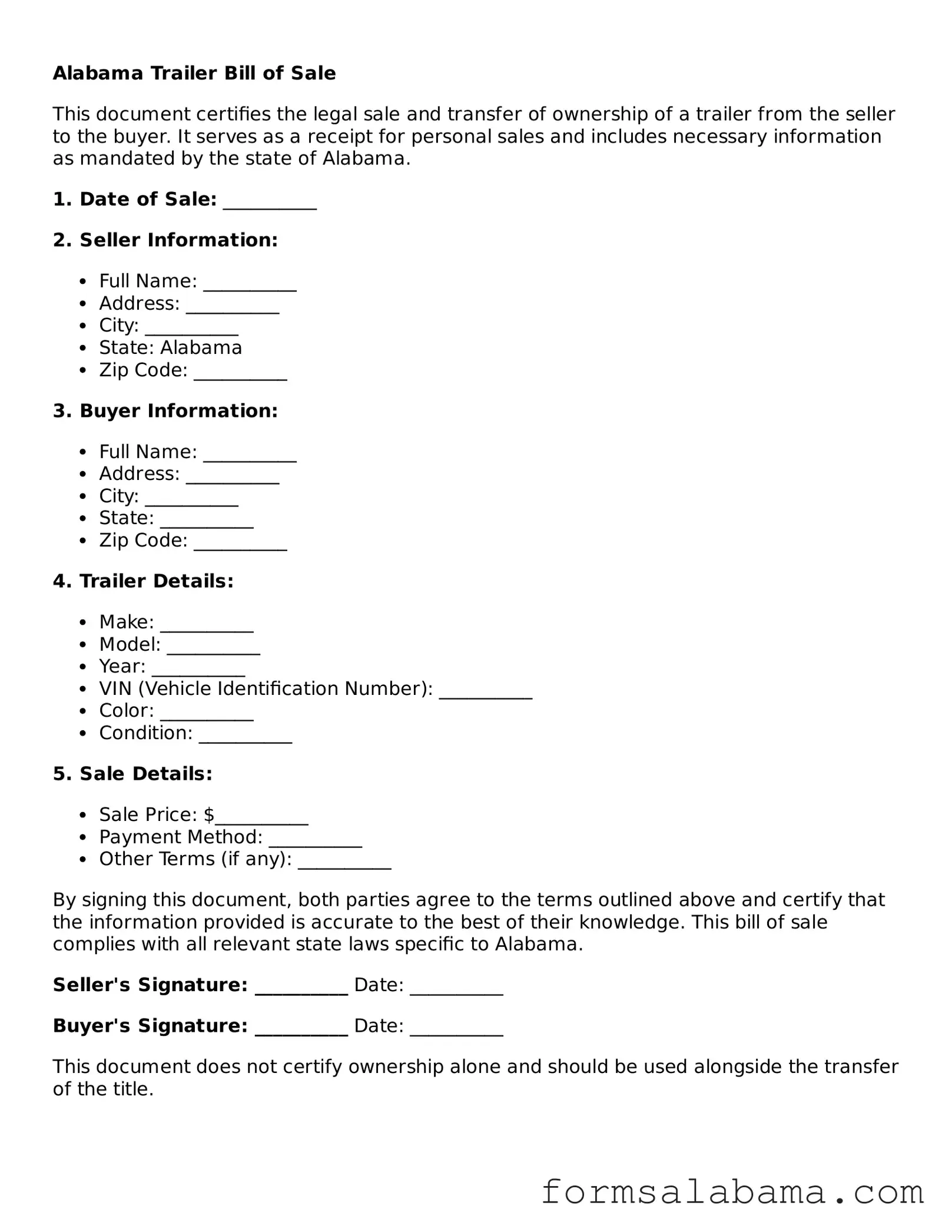 Attorney-Approved  Trailer Bill of Sale Form for Alabama