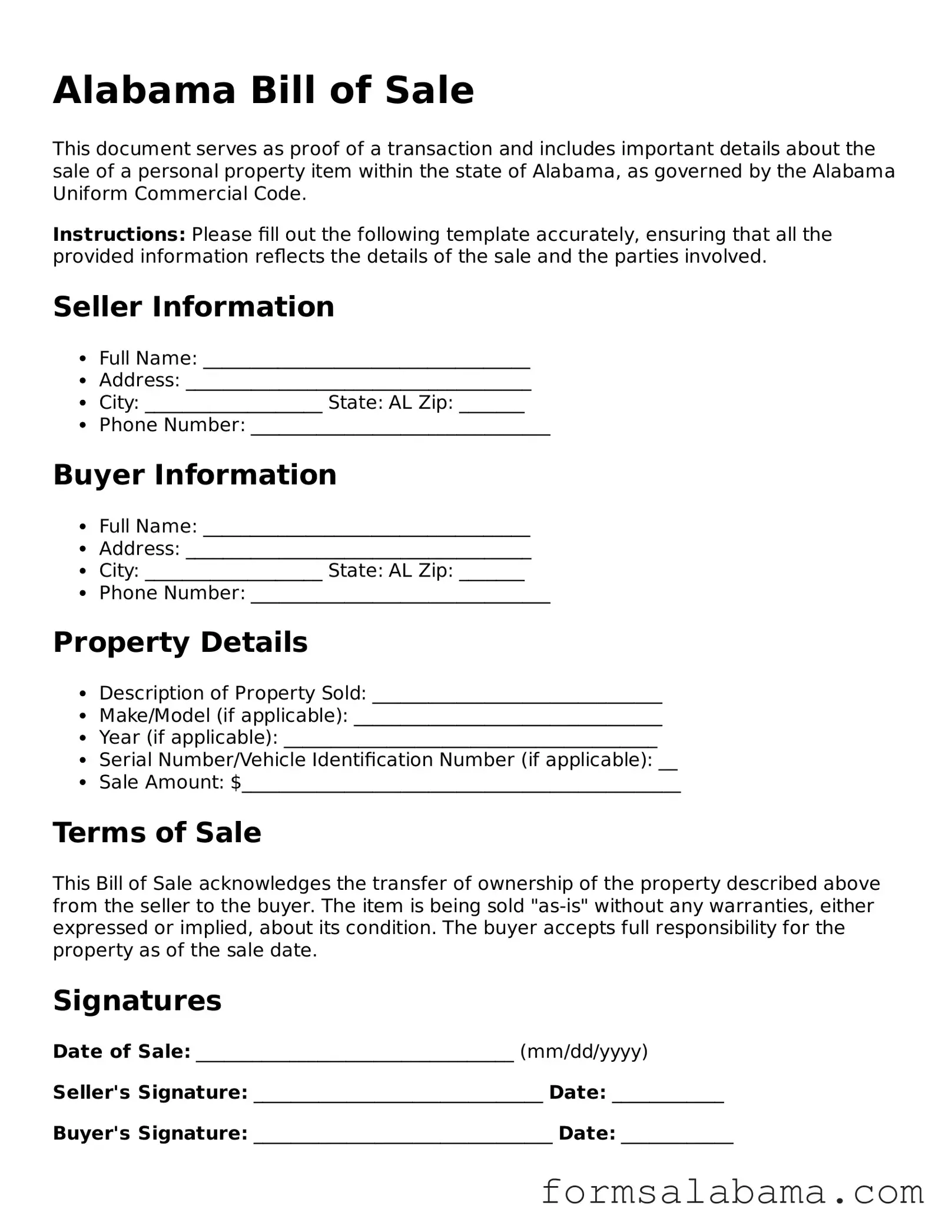Attorney-Approved  Bill of Sale Form for Alabama