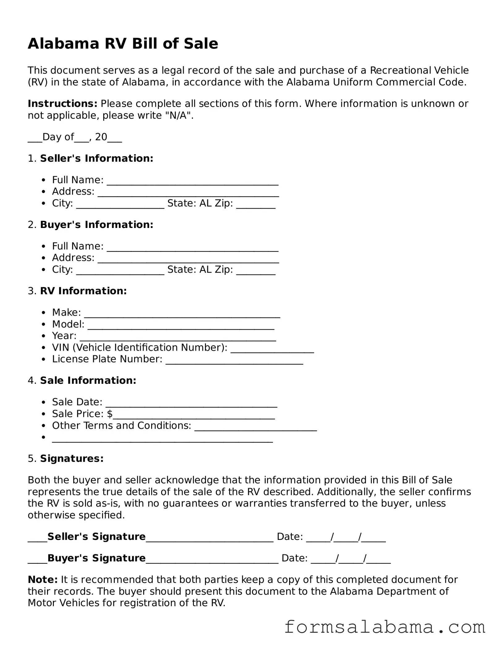 Attorney-Approved  RV Bill of Sale Form for Alabama