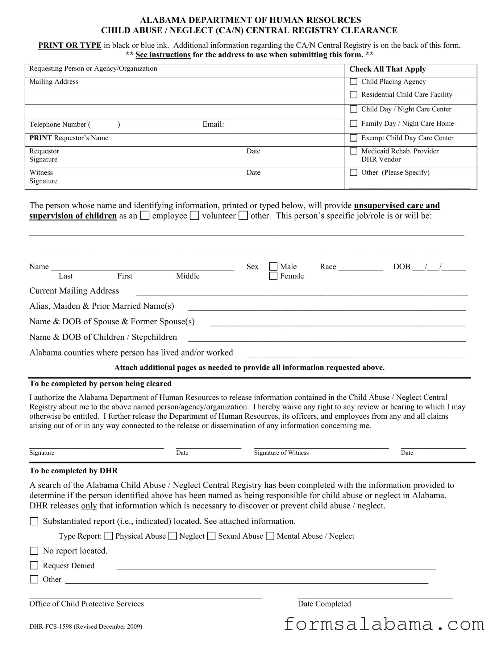 Fill Out a Valid Alabama Central Registry Clearance Template