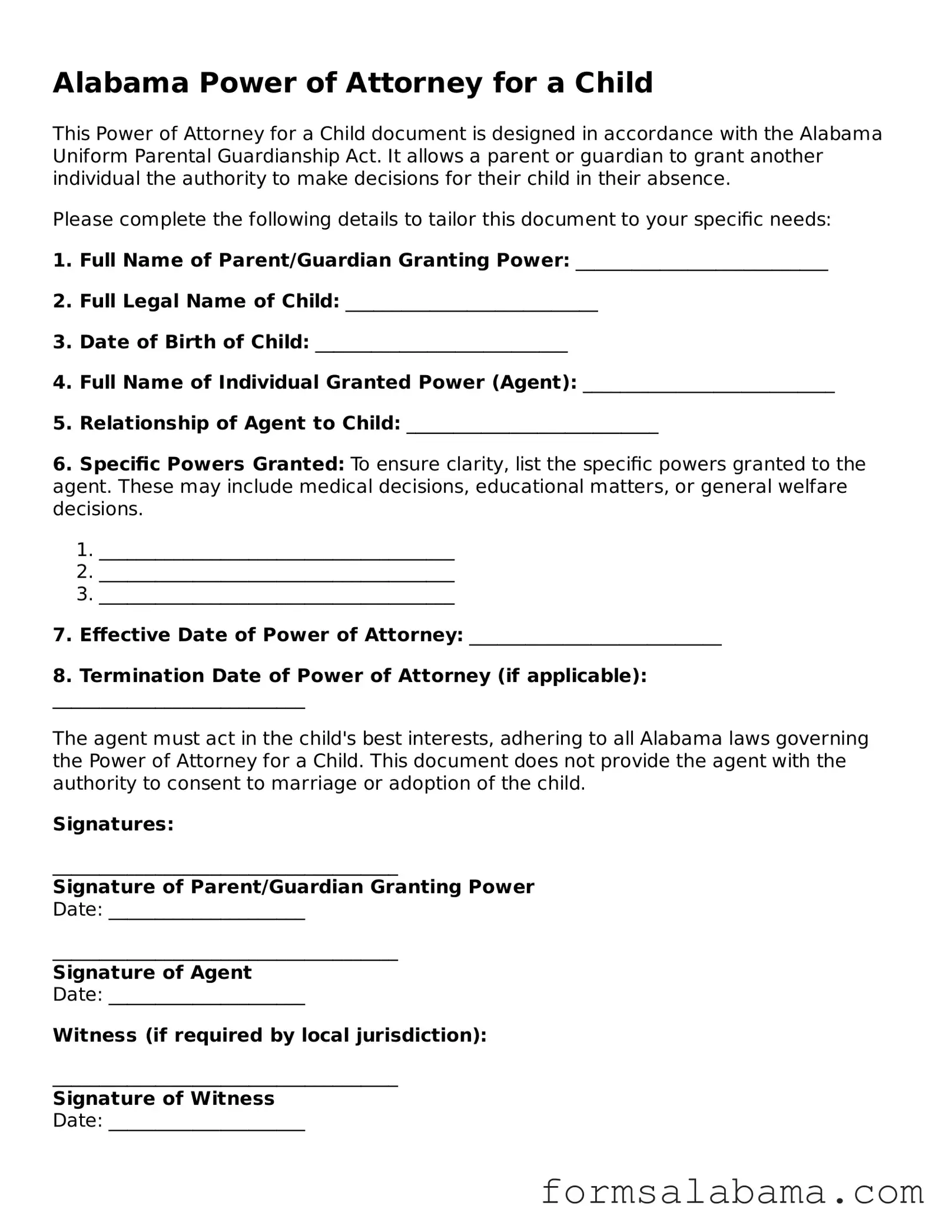 Attorney-Approved  Power of Attorney for a Child Form for Alabama
