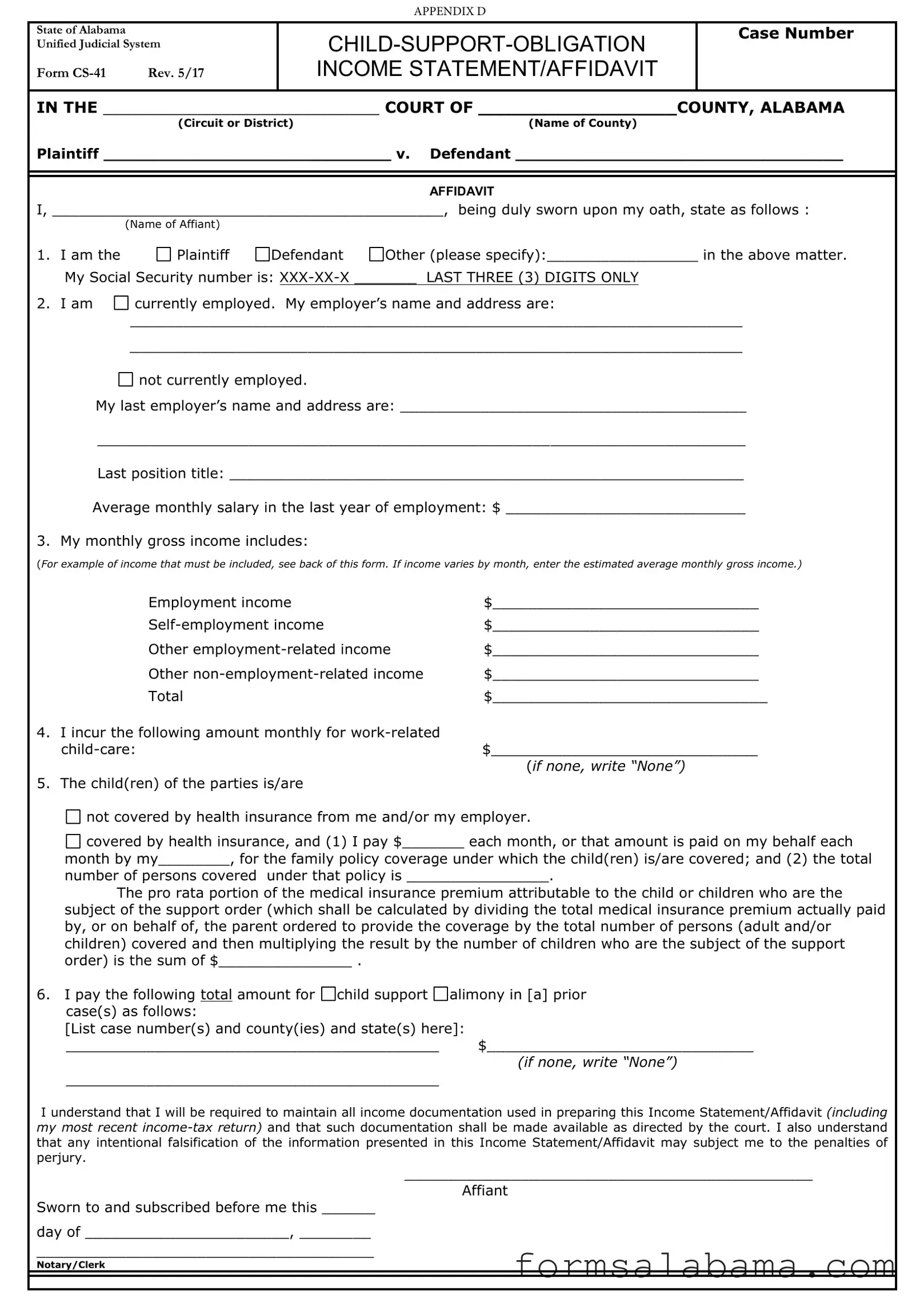 Fill Out a Valid Alabama Child Support Income Template