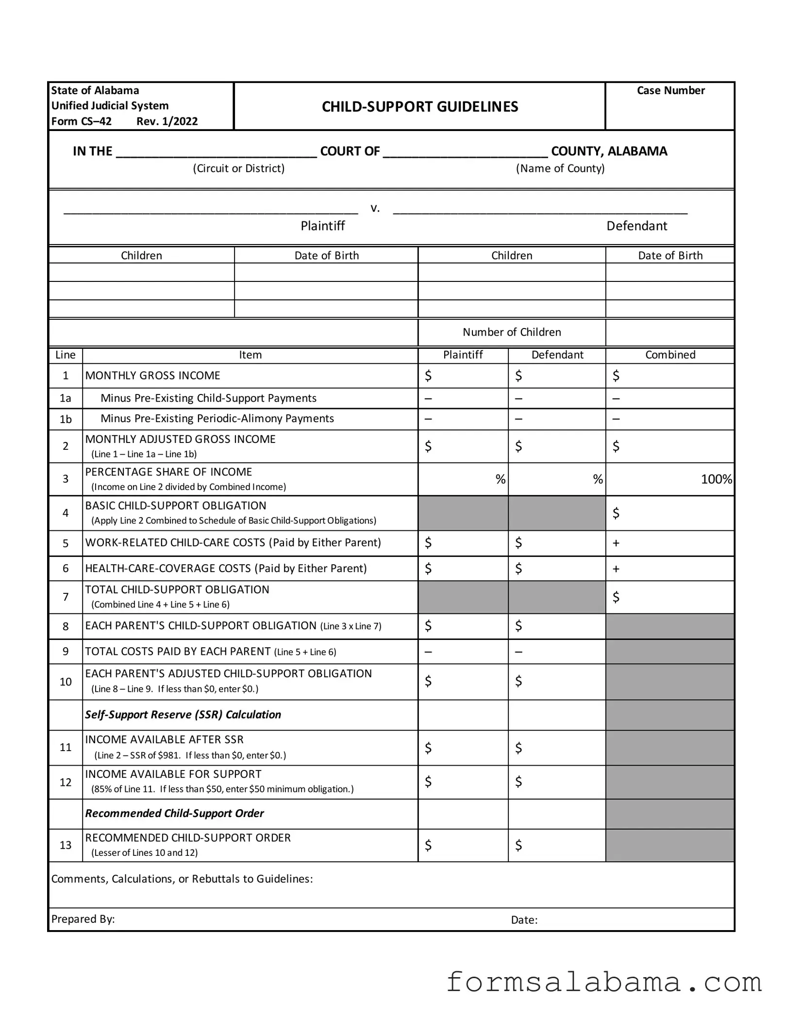 Fill Out a Valid Alabama Child Support Sheet Template
