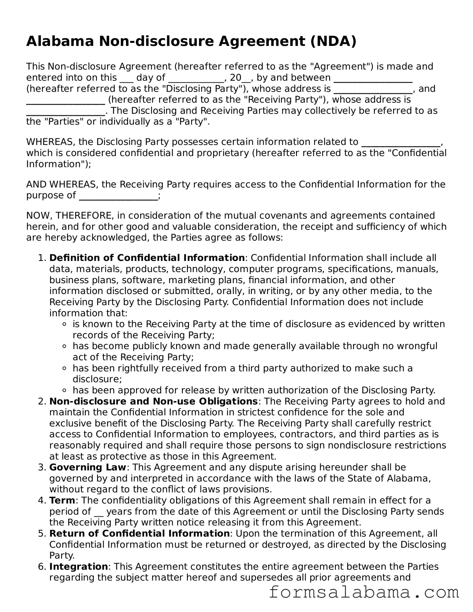 Attorney-Approved  Non-disclosure Agreement Form for Alabama