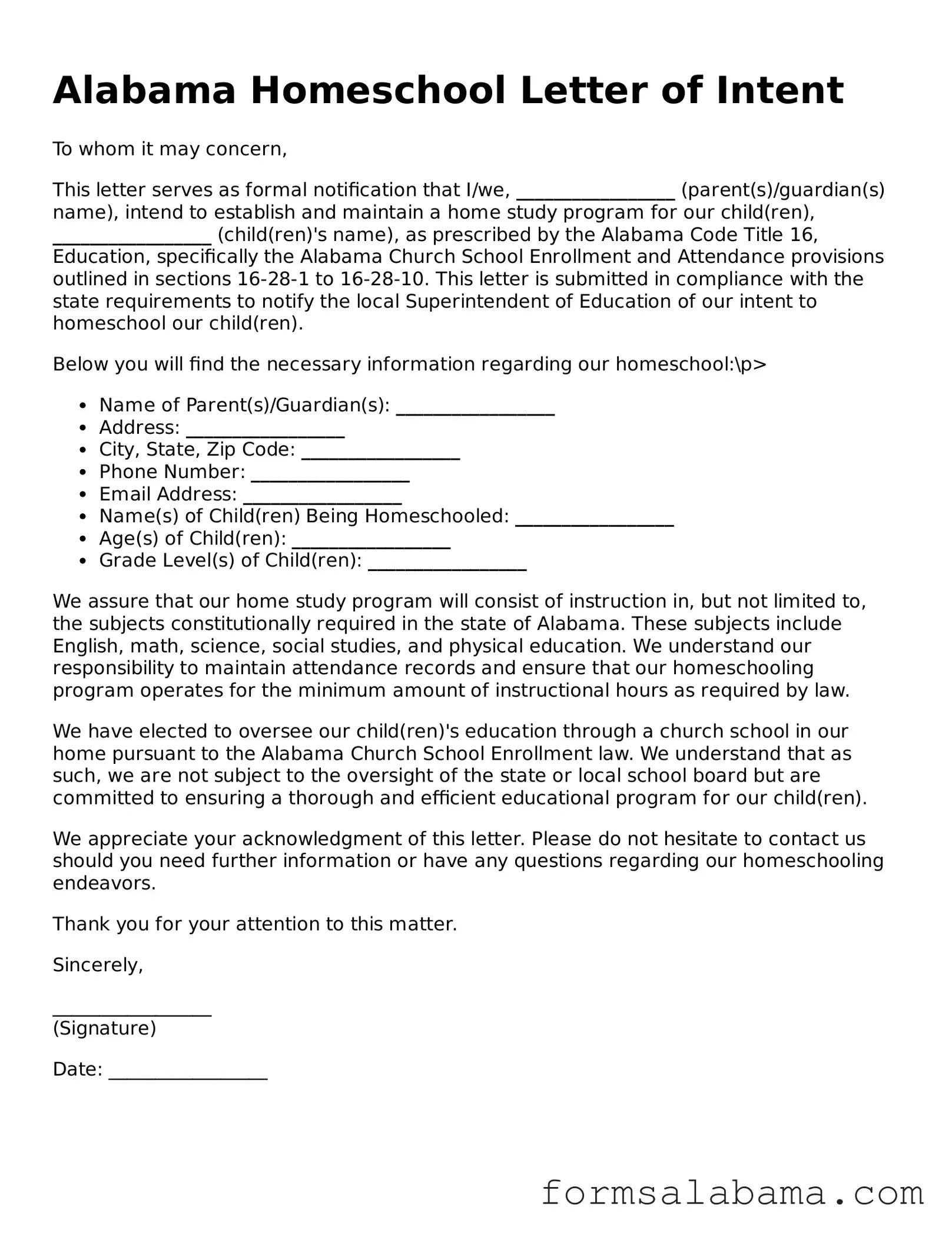 Attorney-Approved  Homeschool Letter of Intent Form for Alabama