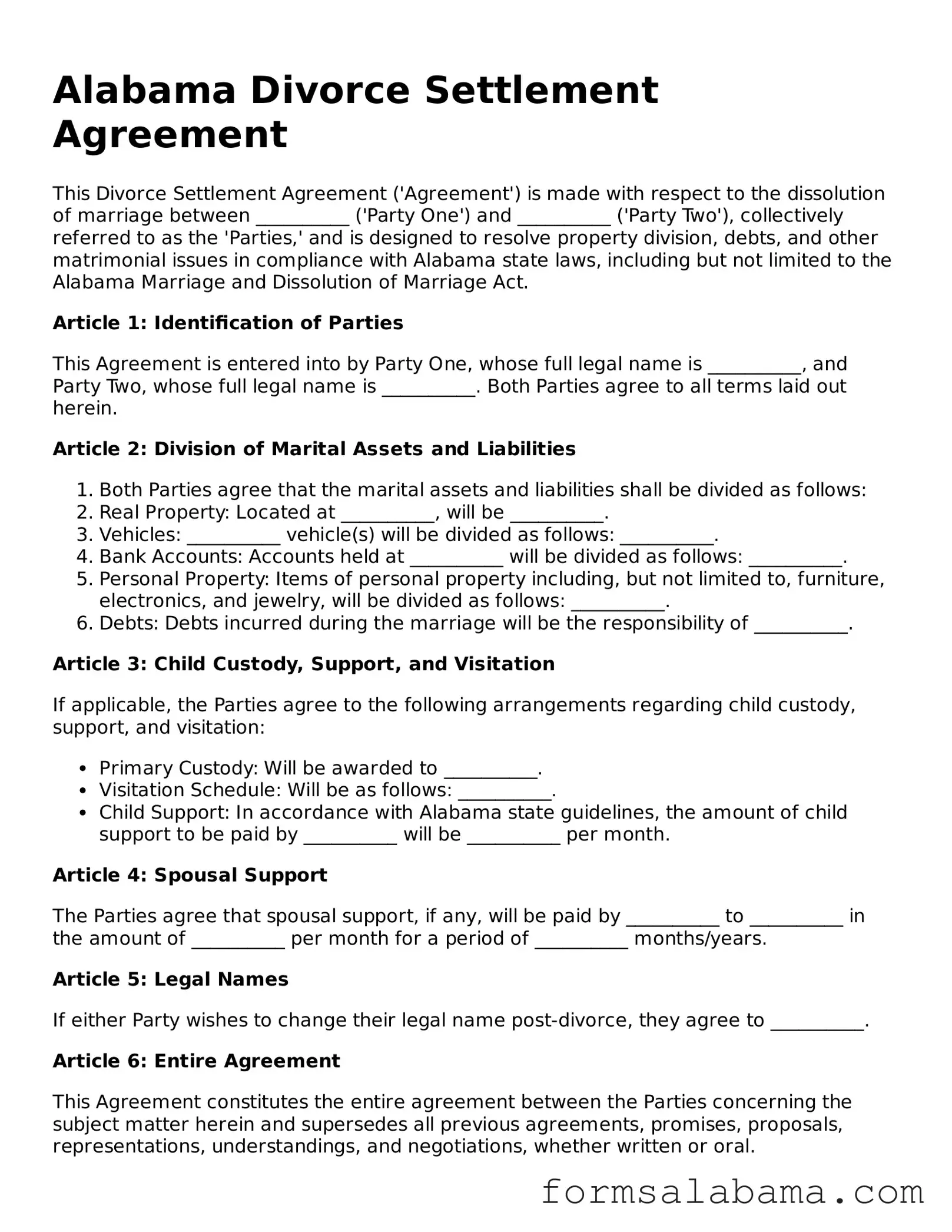 Attorney-Approved  Divorce Settlement Agreement Form for Alabama