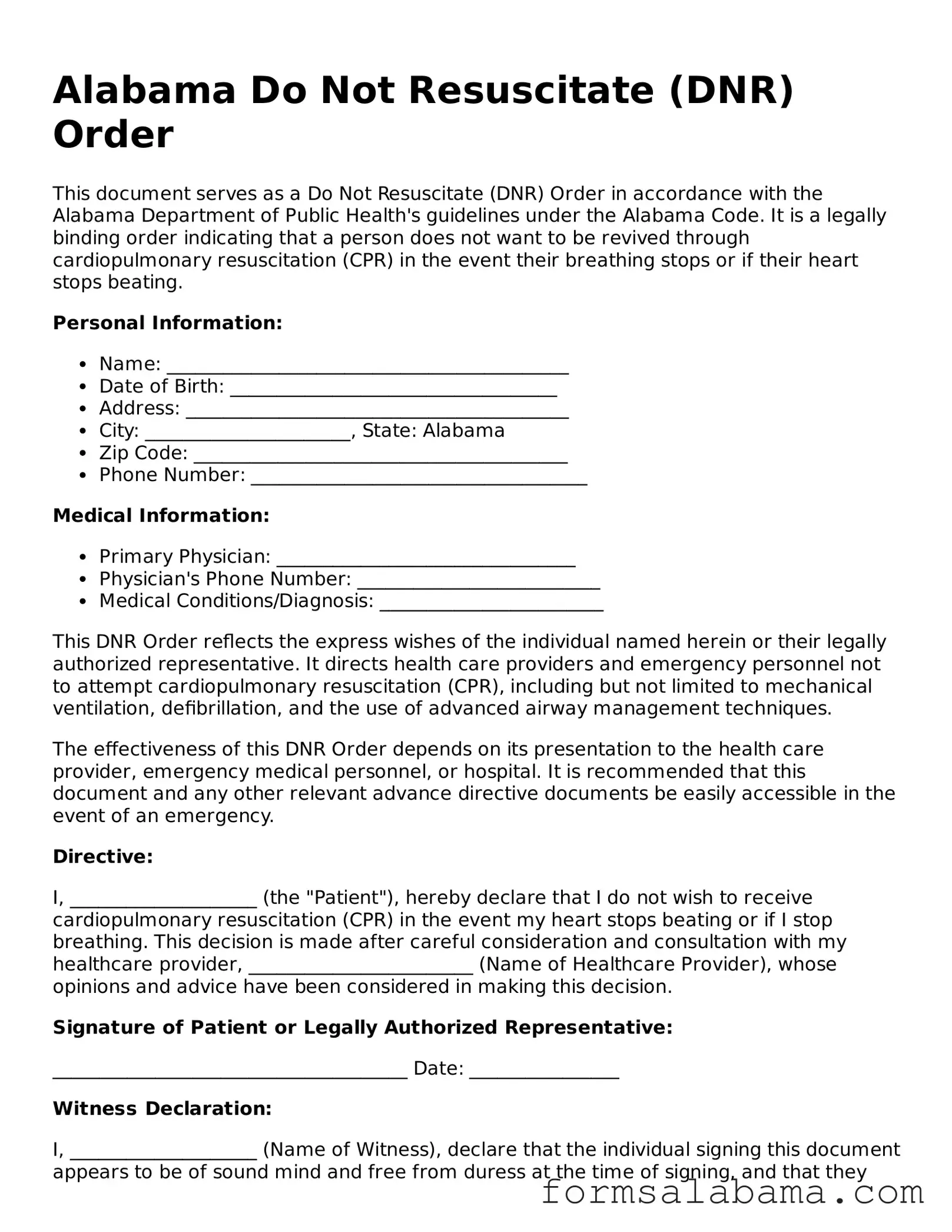 Attorney-Approved  Do Not Resuscitate Order Form for Alabama