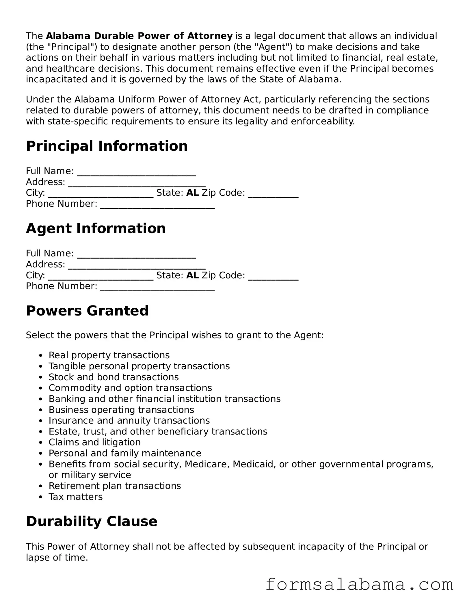 Attorney-Approved  Durable Power of Attorney Form for Alabama