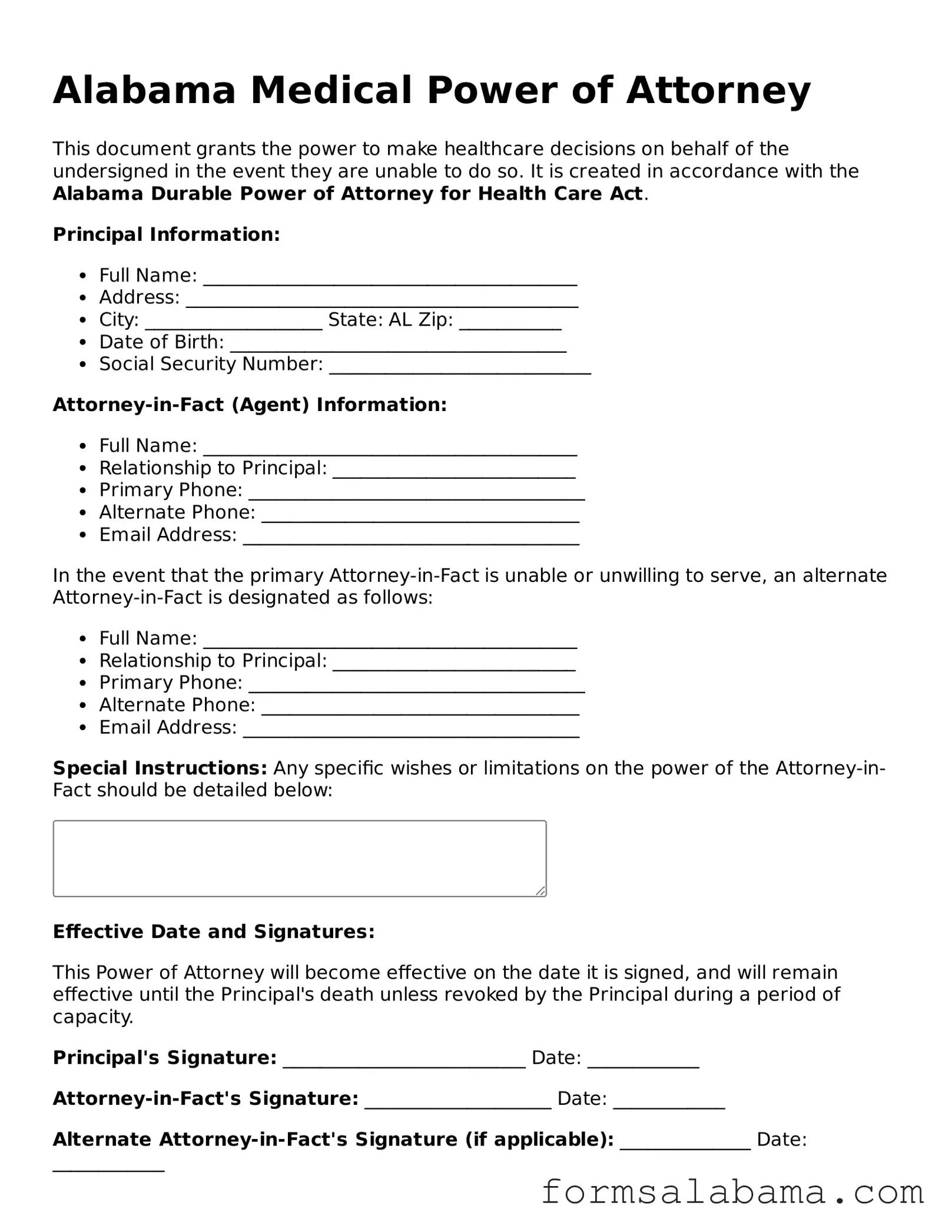 Attorney-Approved  Medical Power of Attorney Form for Alabama