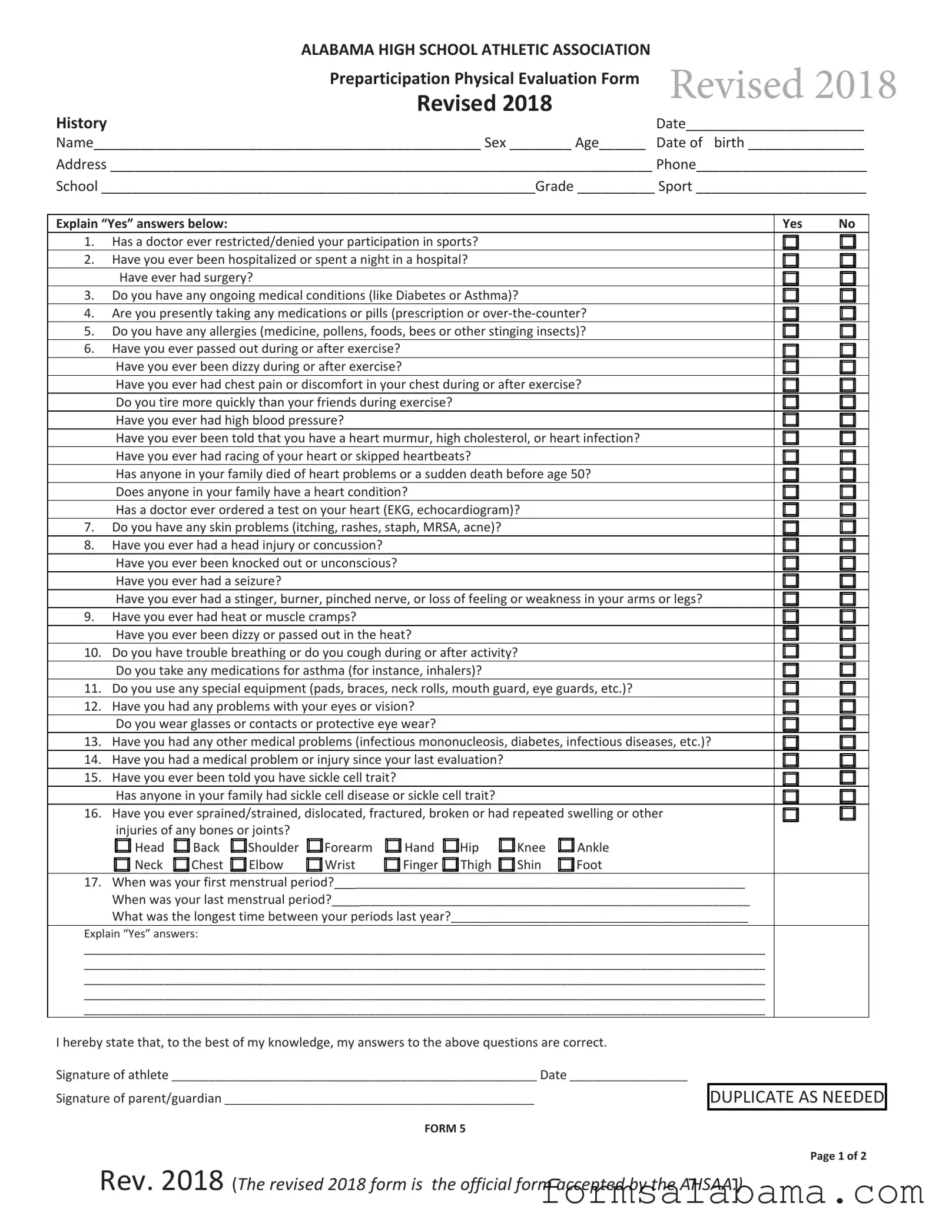 Fill Out a Valid Alabama High School Physical Template