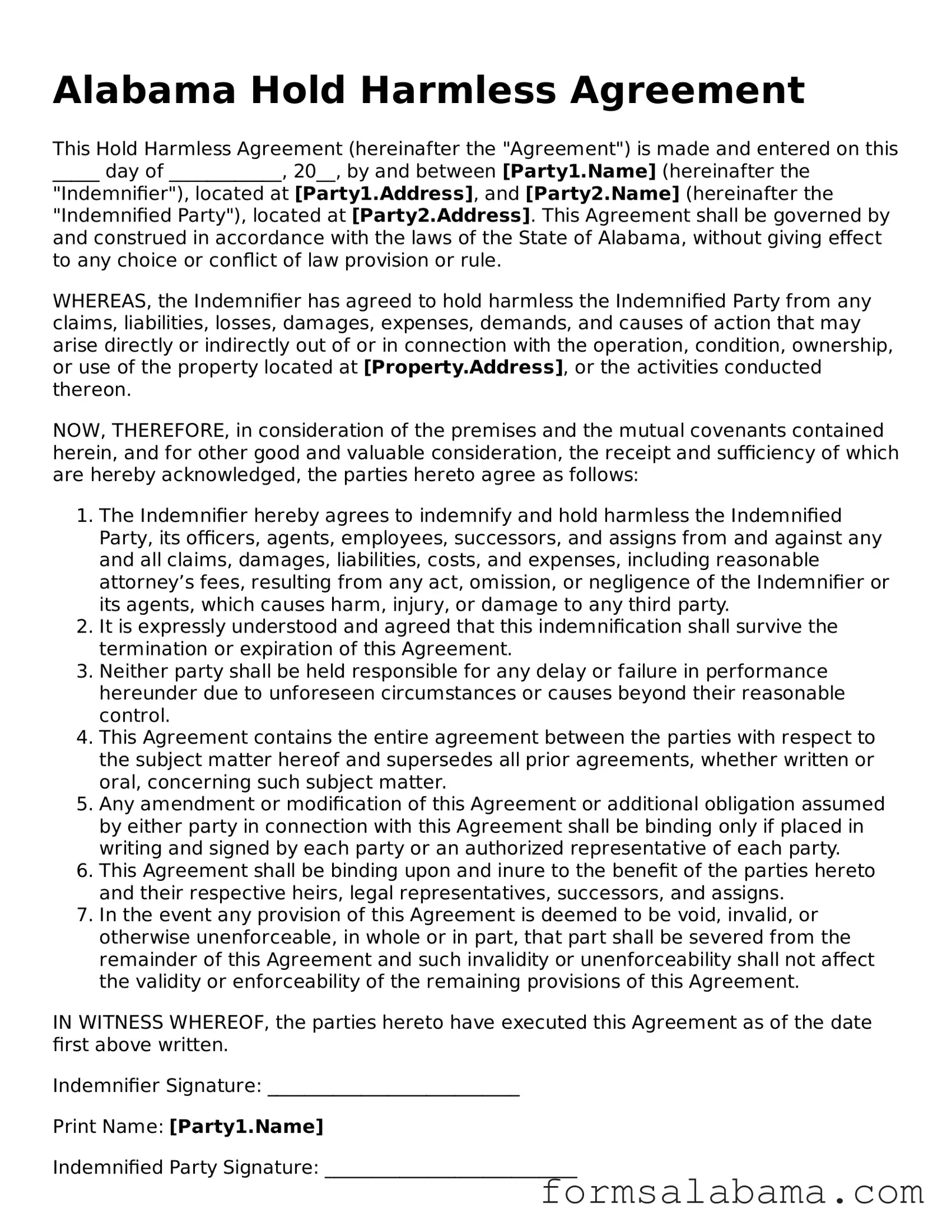 Attorney-Approved  Hold Harmless Agreement Form for Alabama