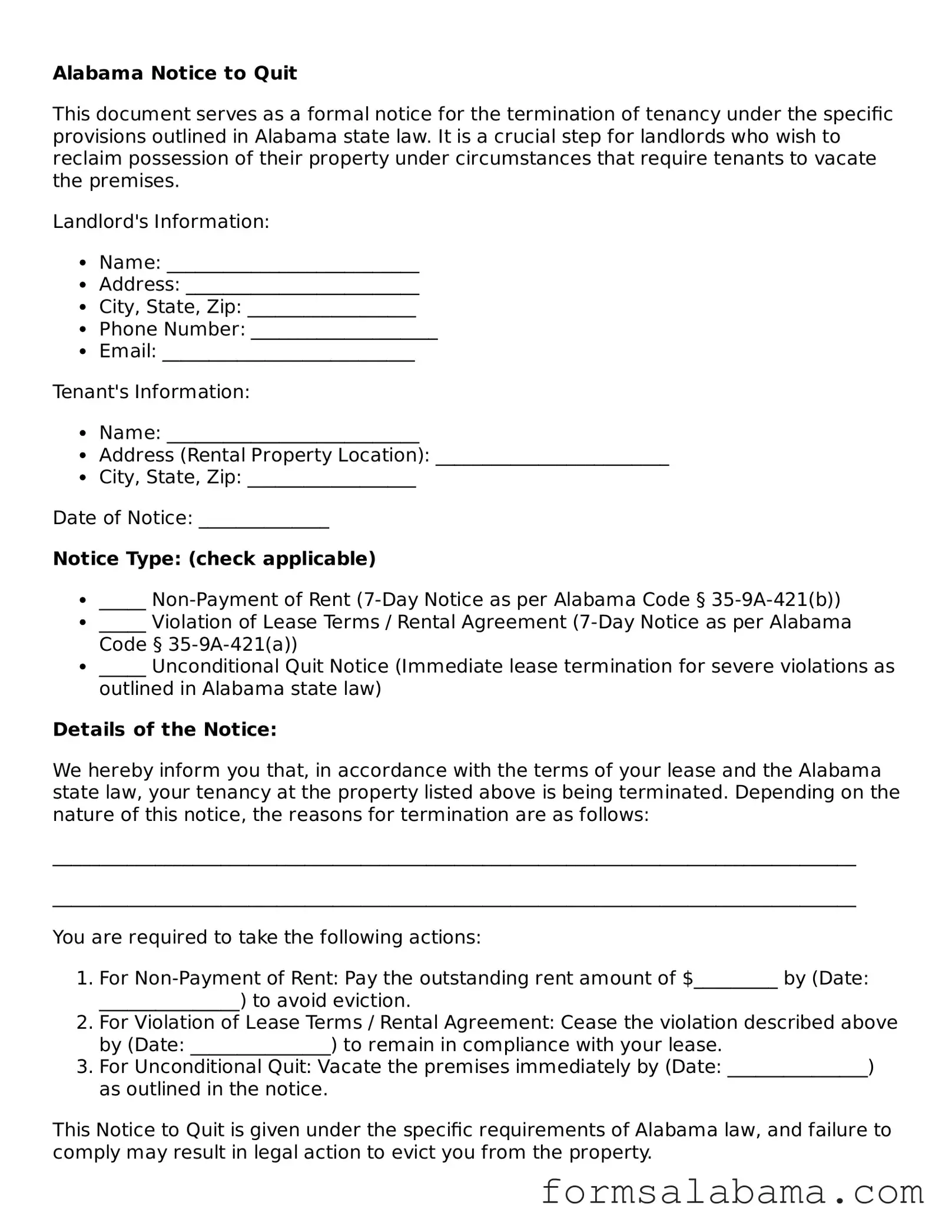 Attorney-Approved  Notice to Quit Form for Alabama