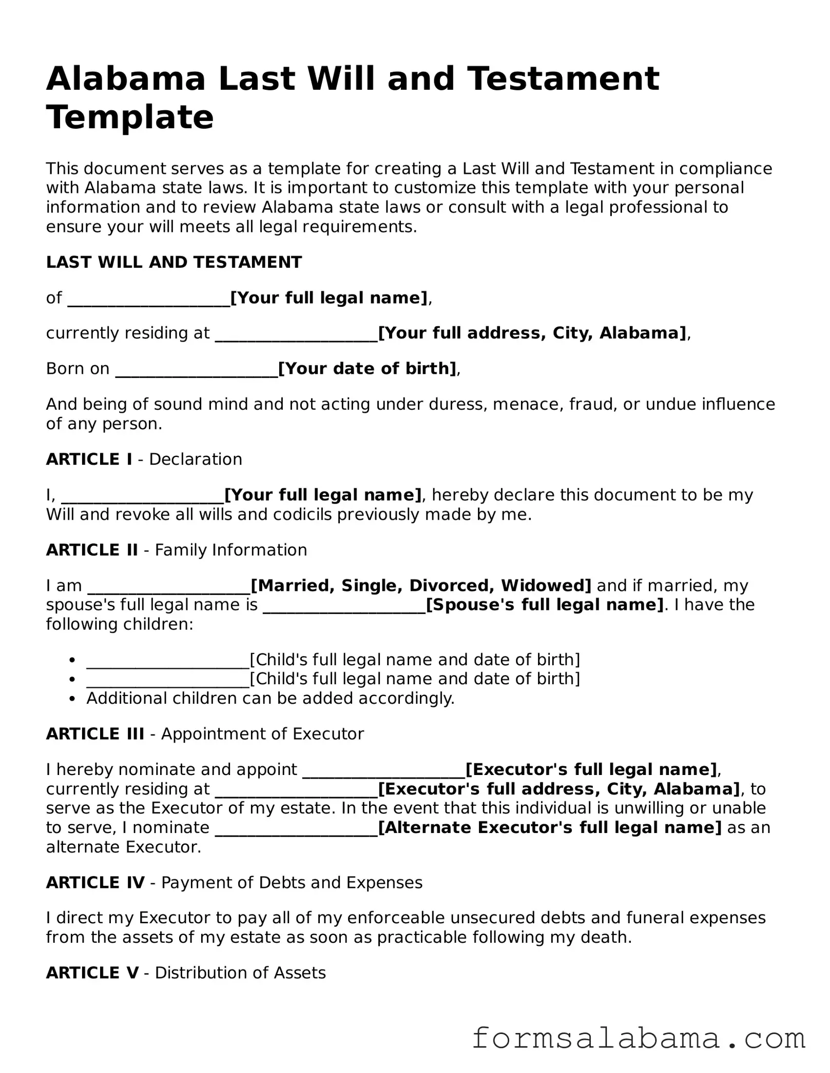 Attorney-Approved  Last Will and Testament Form for Alabama