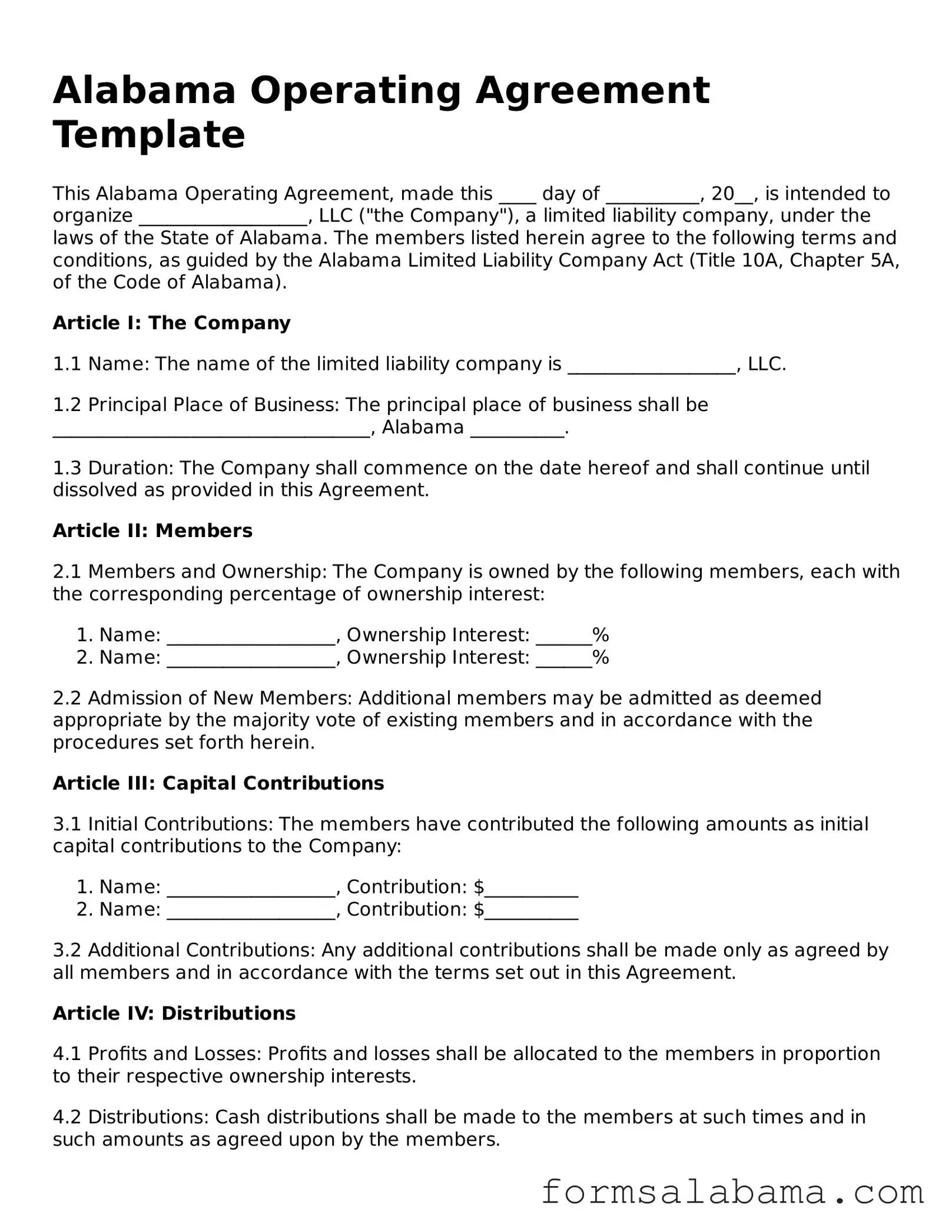 Attorney-Approved  Operating Agreement Form for Alabama