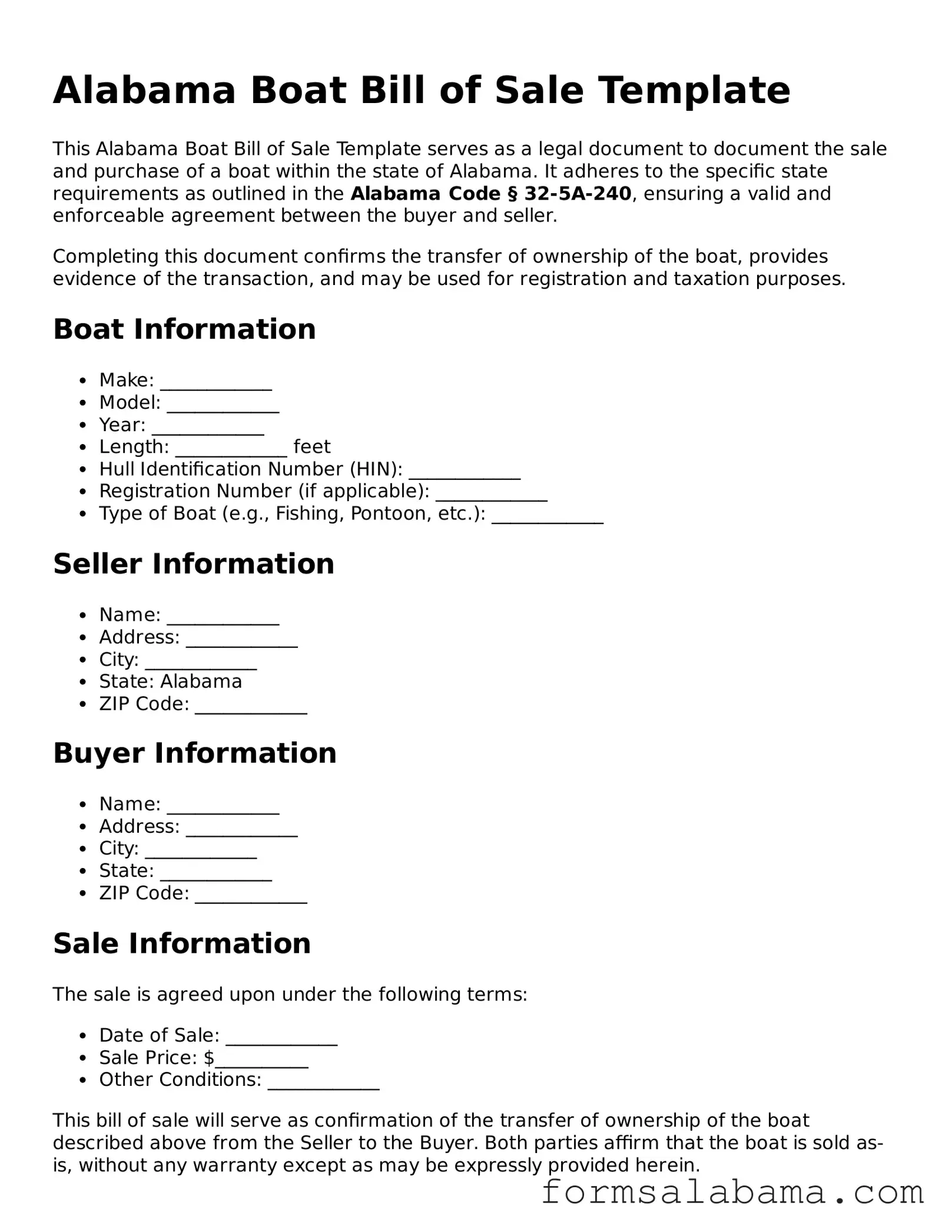 Attorney-Approved  Boat Bill of Sale Form for Alabama