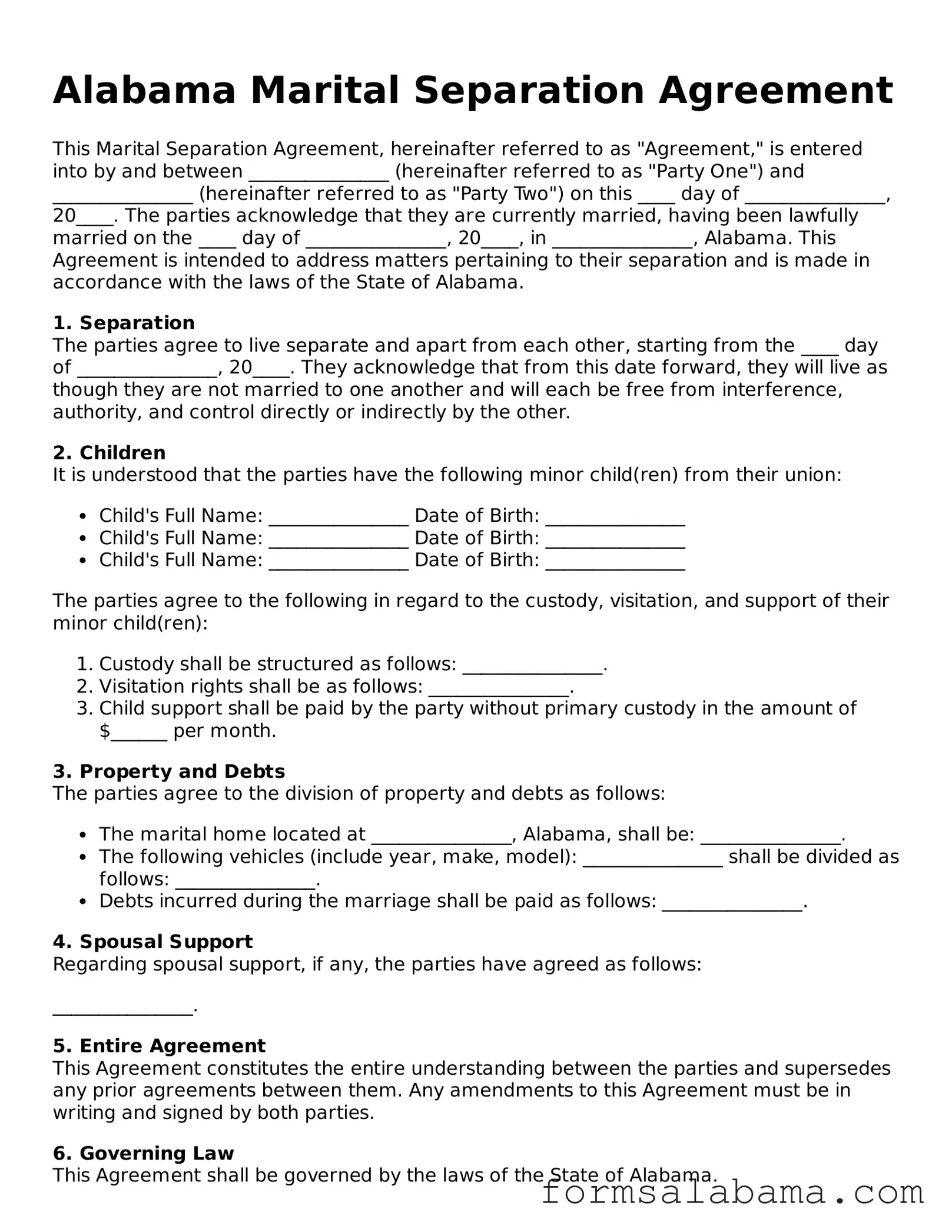 Attorney-Approved  Marital Separation Agreement Form for Alabama