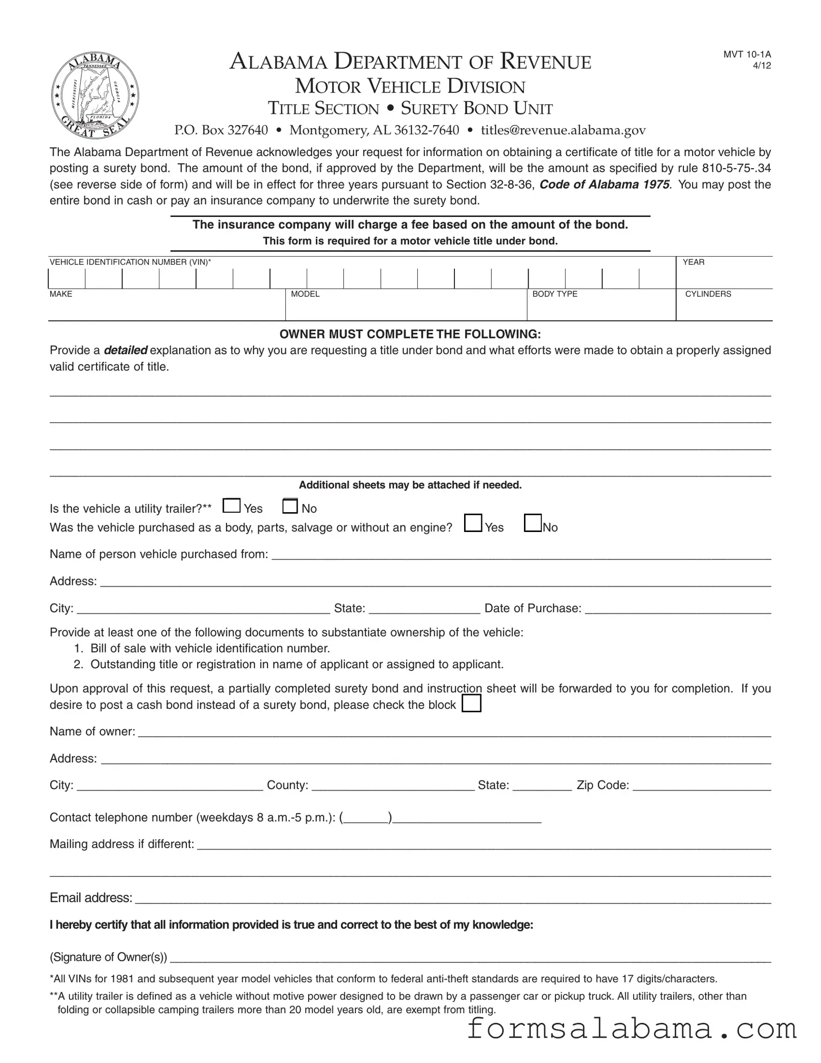 Fill Out a Valid Alabama Mvt 10 1A Template