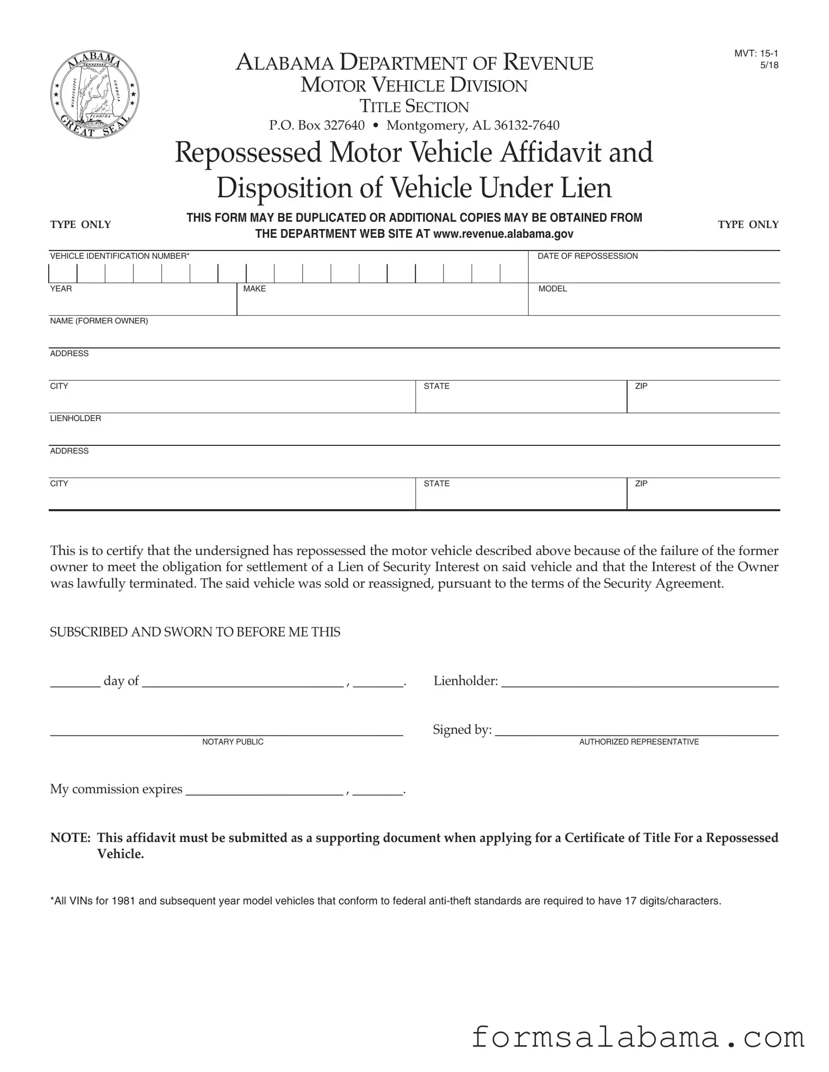 Fill Out a Valid Alabama Mvt 15 1 Template
