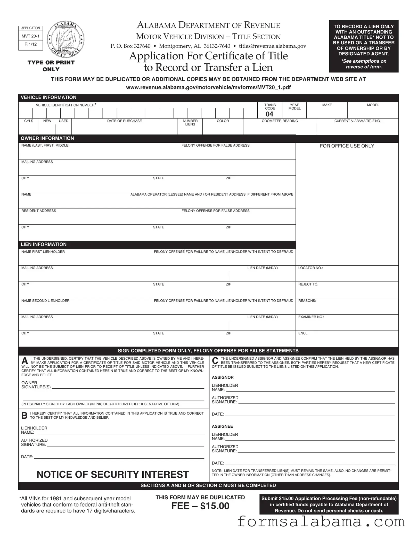 Fill Out a Valid Alabama Mvt 20 1 Template