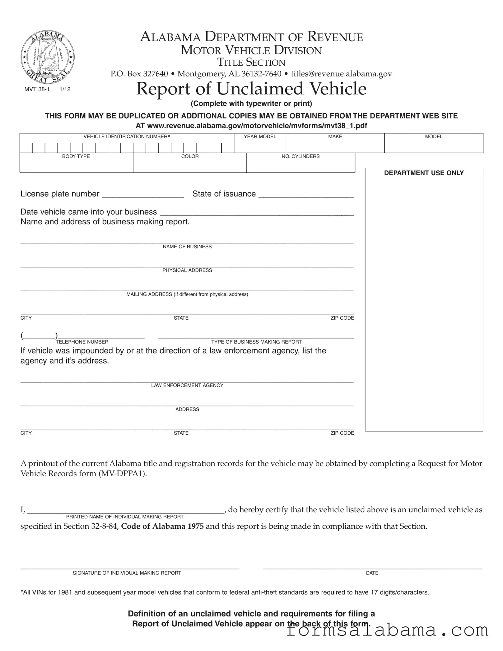 Fill Out a Valid Alabama Mvt 38 1 Template