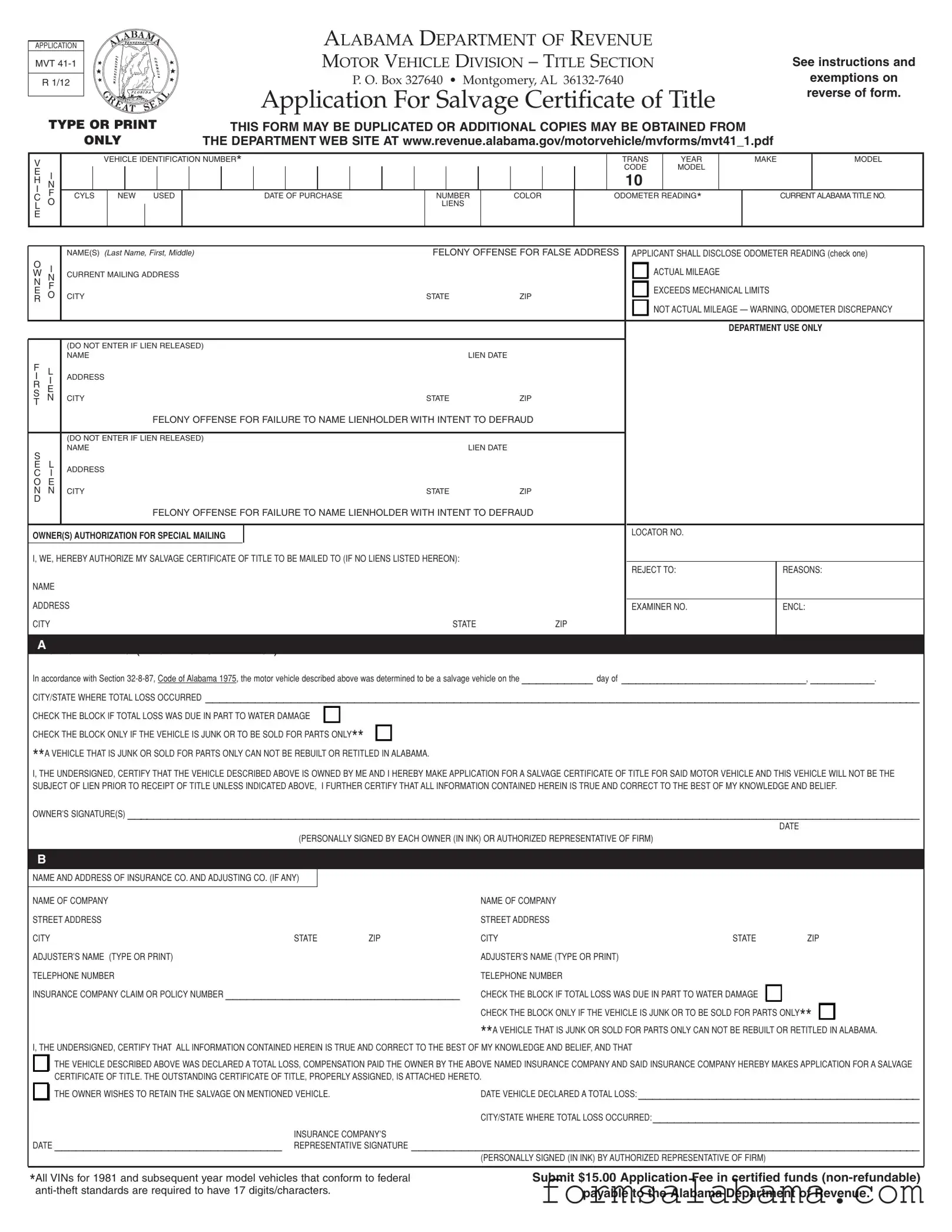 Fill Out a Valid Alabama Mvt 41 1 Template