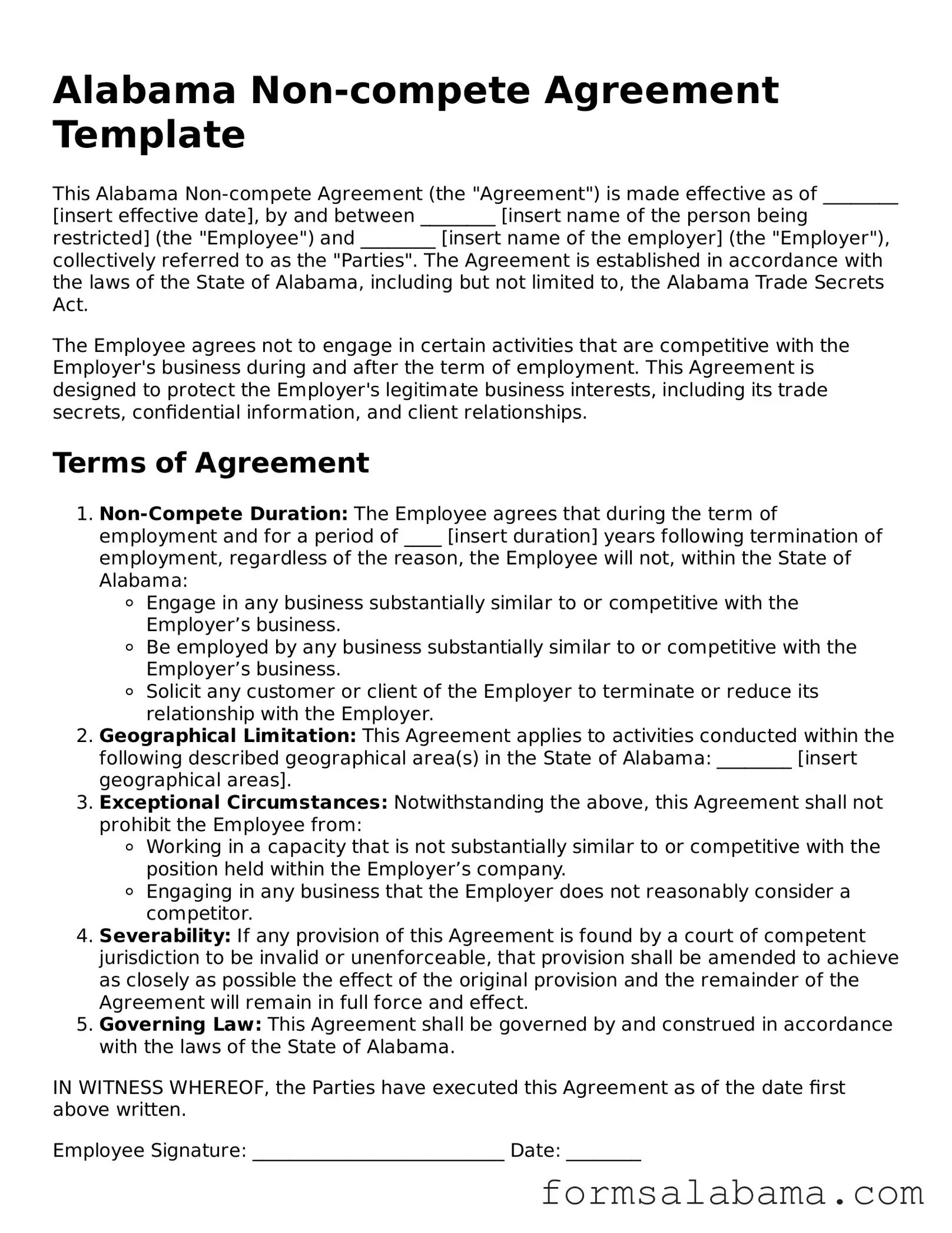 Attorney-Approved  Non-compete Agreement Form for Alabama