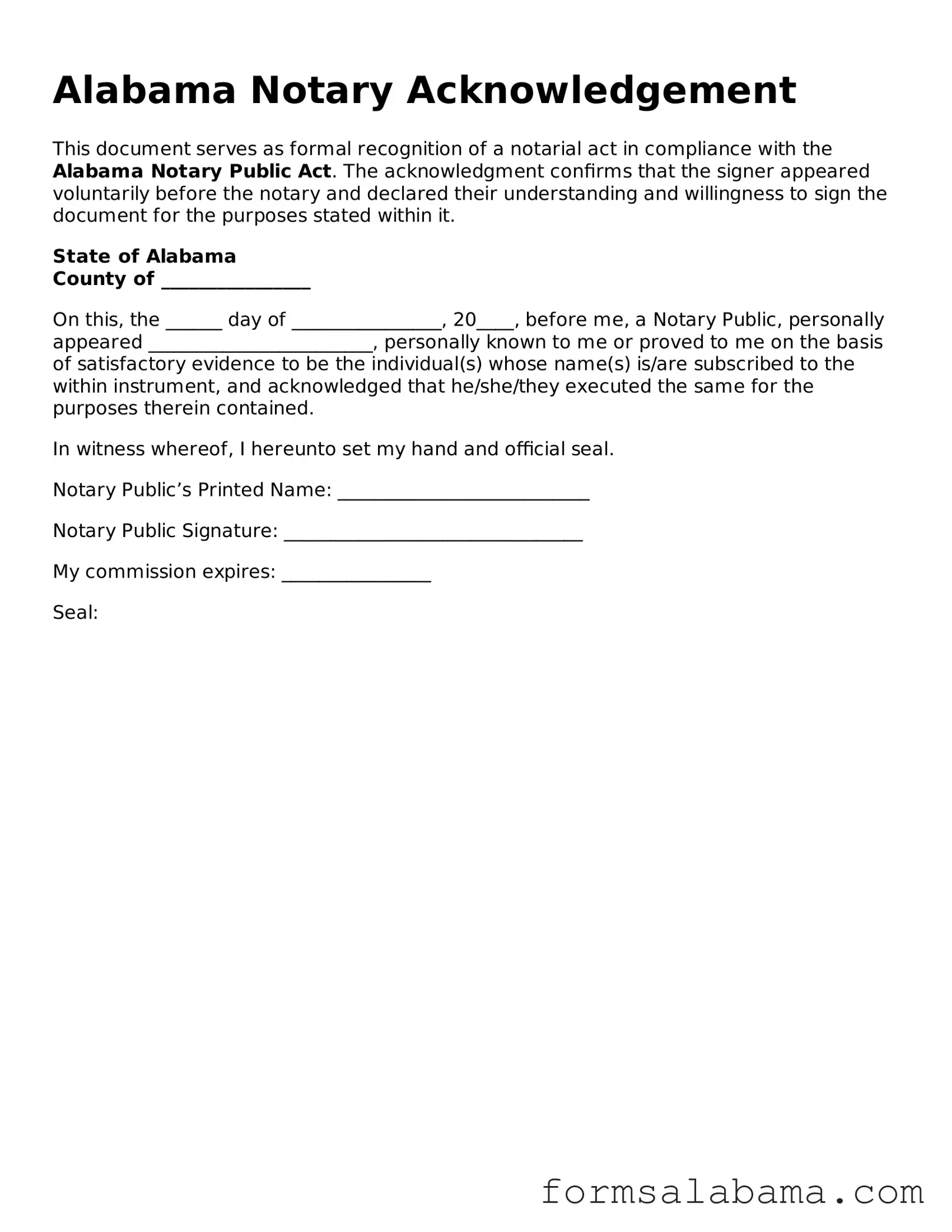 Attorney-Approved  Notary Acknowledgement Form for Alabama