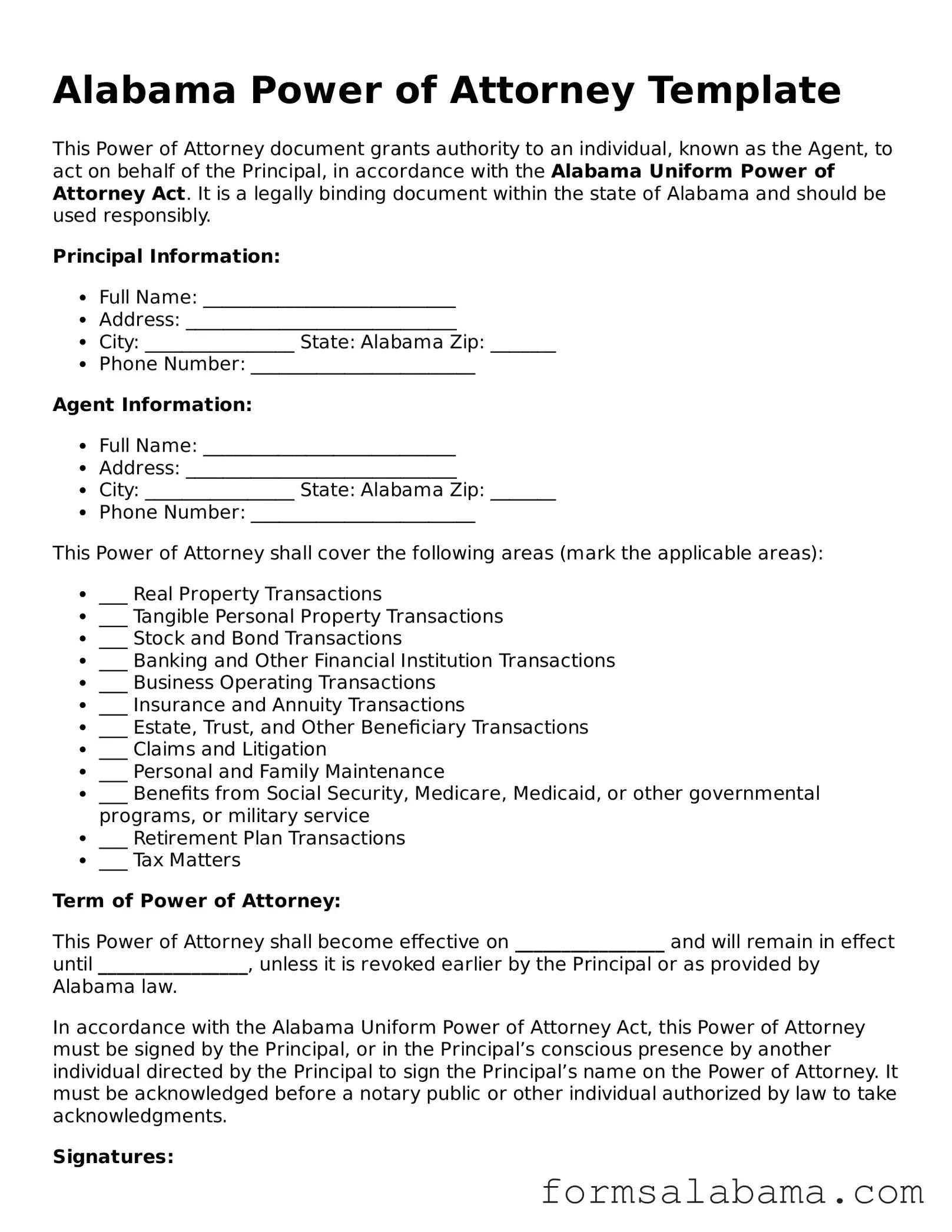 Attorney-Approved  Power of Attorney Form for Alabama
