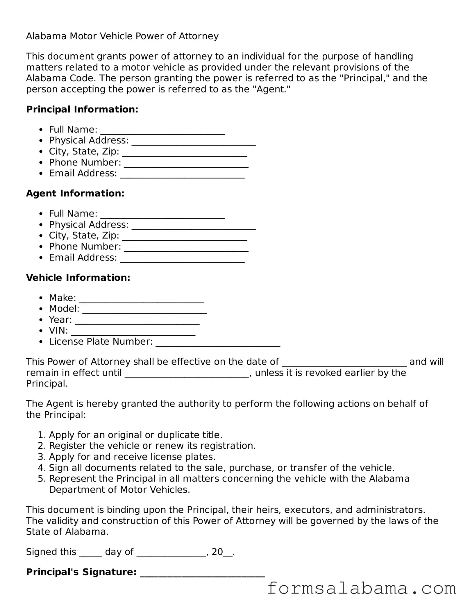 Attorney-Approved  Motor Vehicle Power of Attorney Form for Alabama