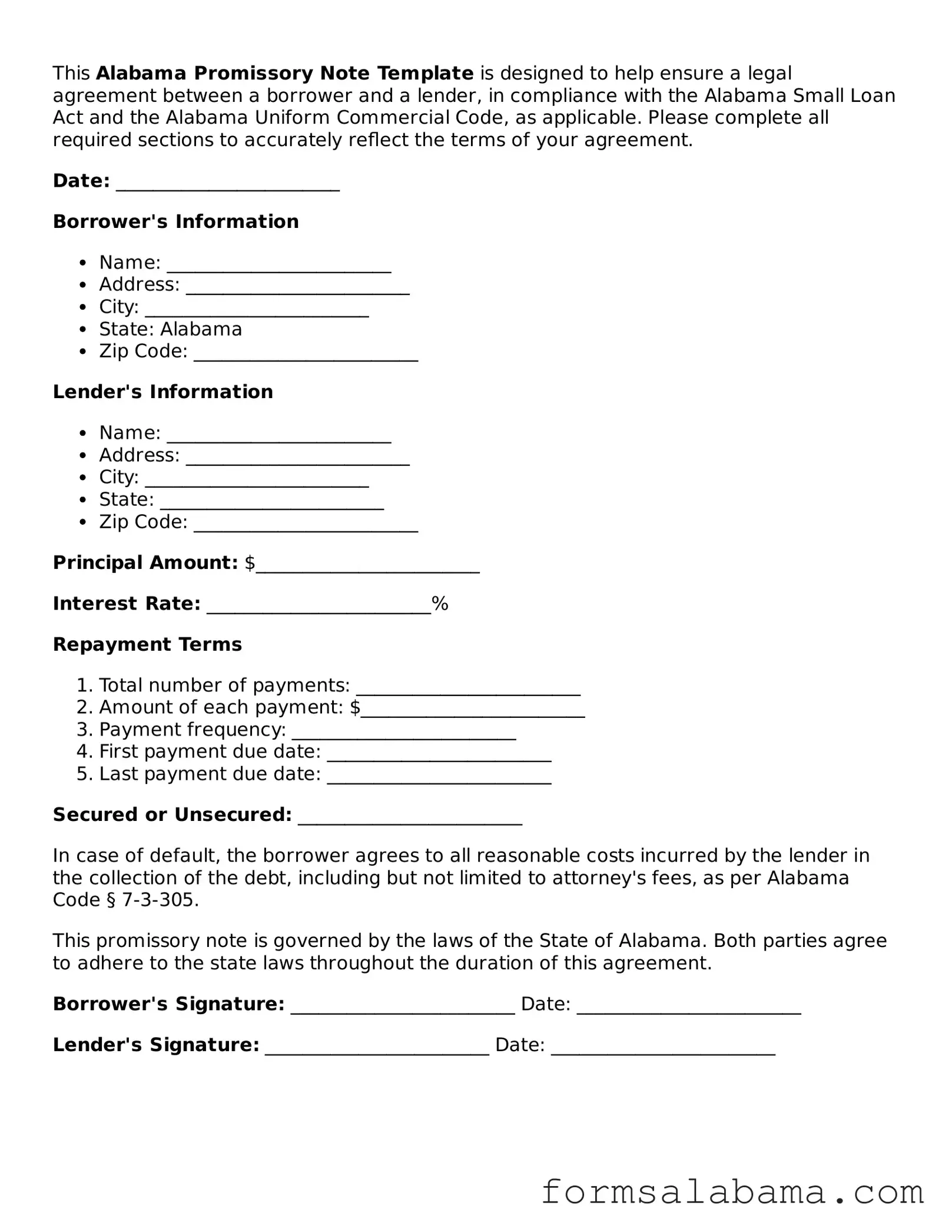 Attorney-Approved  Promissory Note Form for Alabama