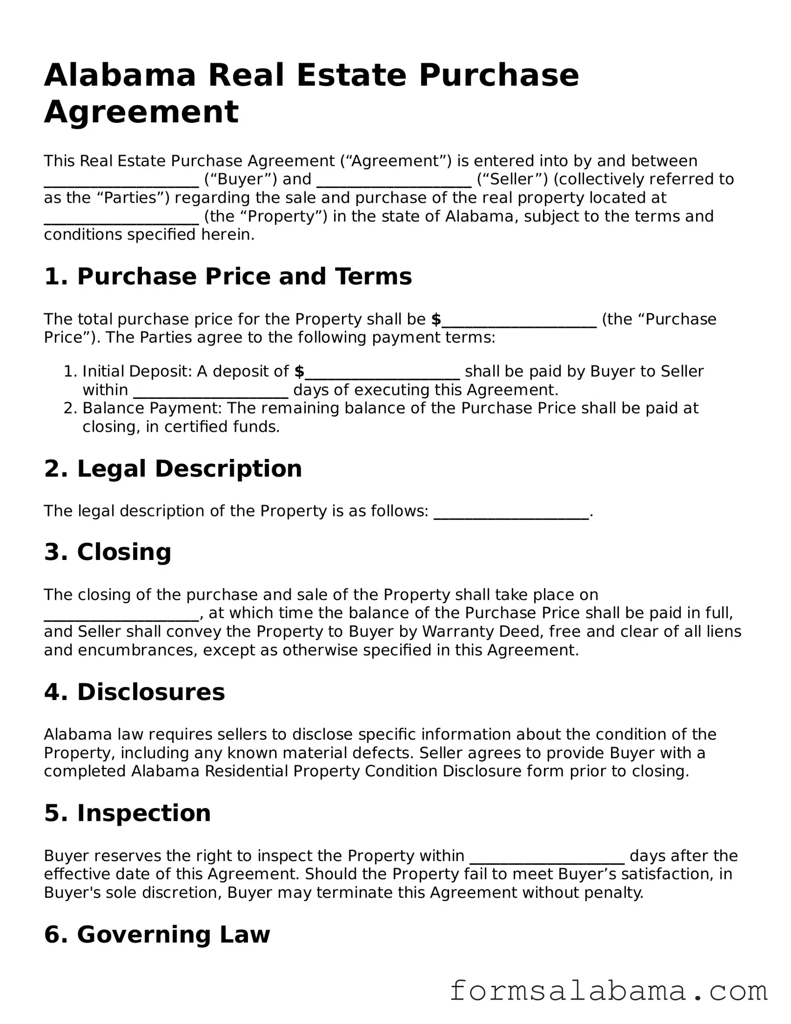 Attorney-Approved  Real Estate Purchase Agreement Form for Alabama