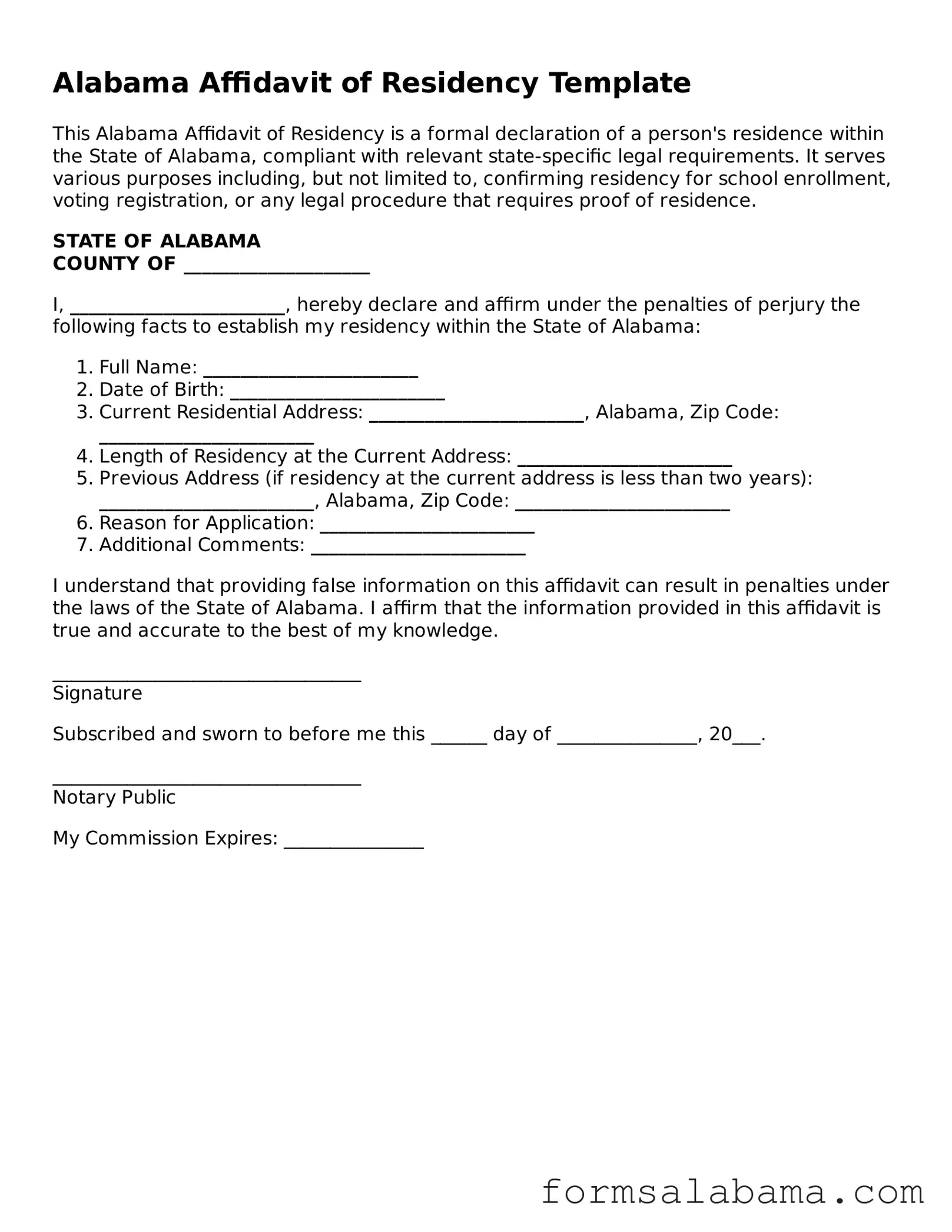 Attorney-Approved  Affidavit of Residency Form for Alabama