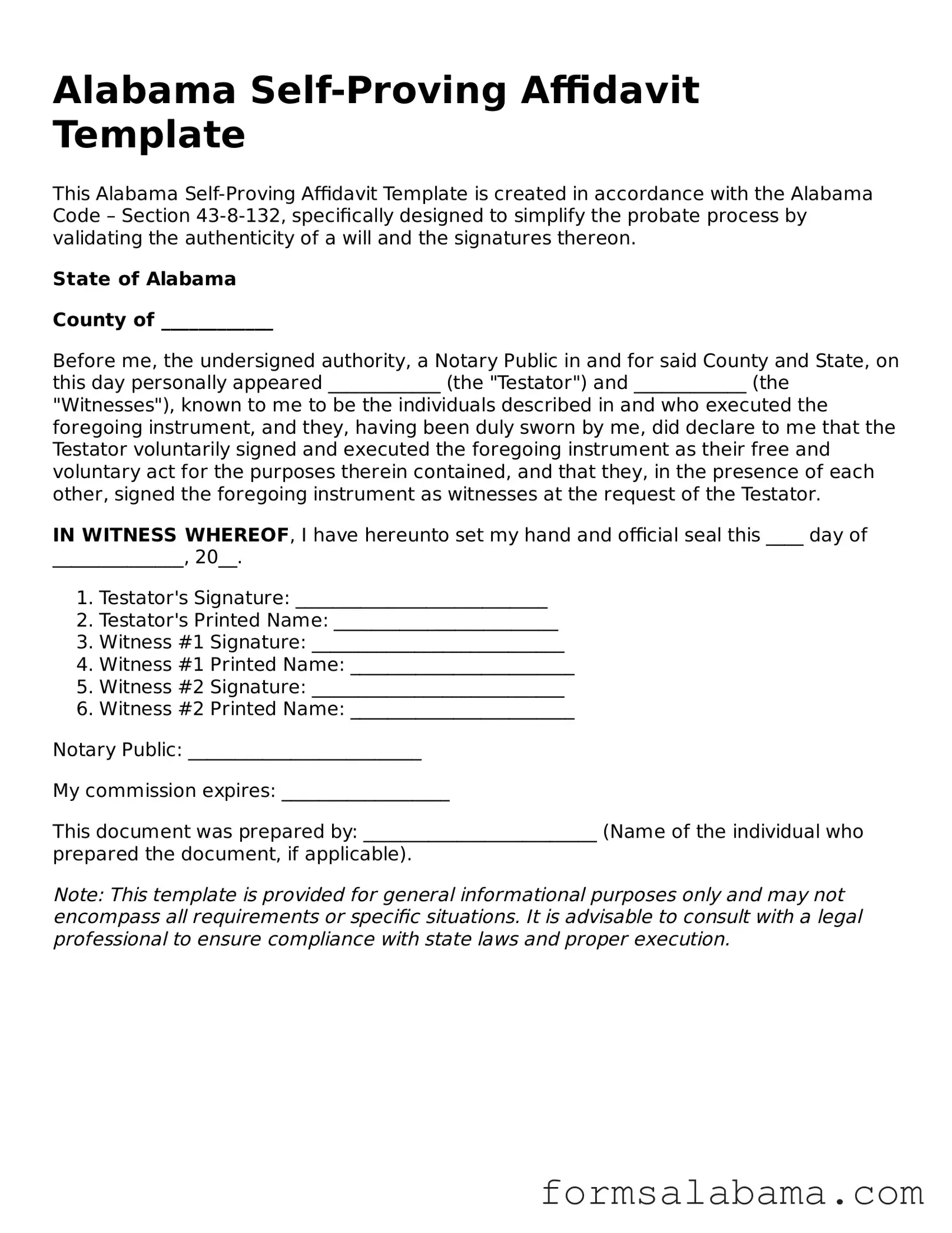 Attorney-Approved  Self-Proving Affidavit Form for Alabama