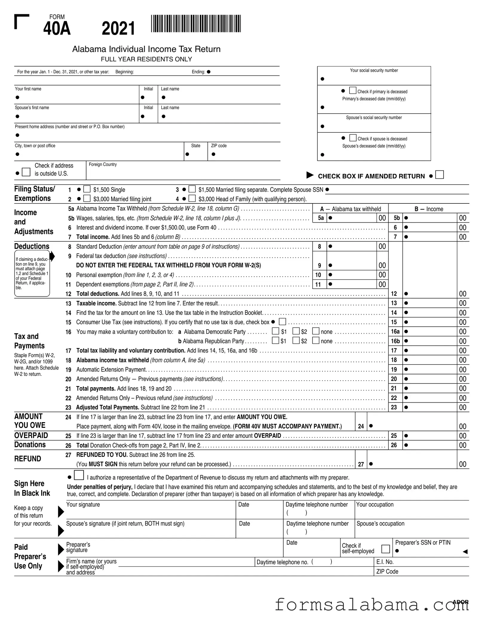 Fill Out a Valid Alabama State Tax Return 40A Template