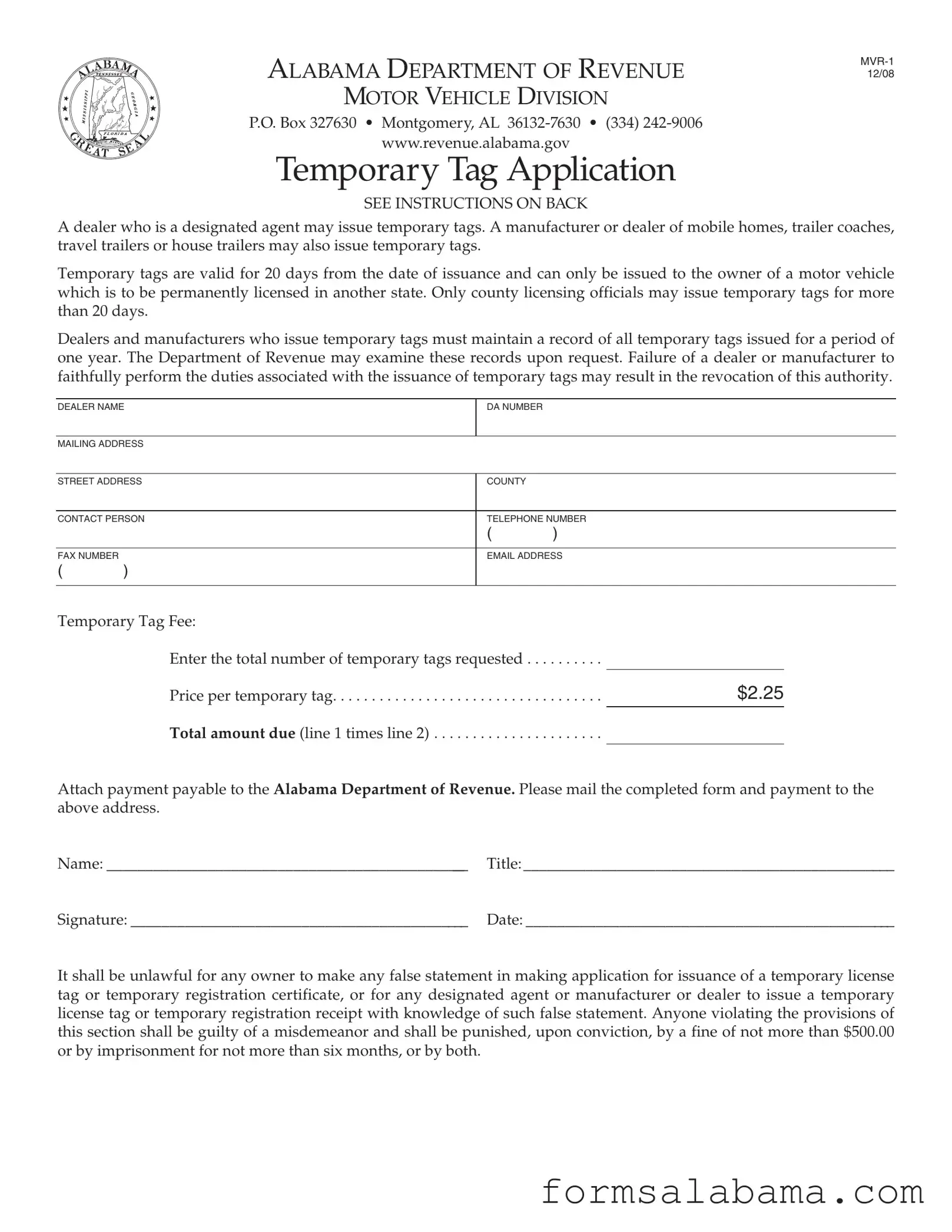 Fill Out a Valid Alabama Temporary Tag Application Template