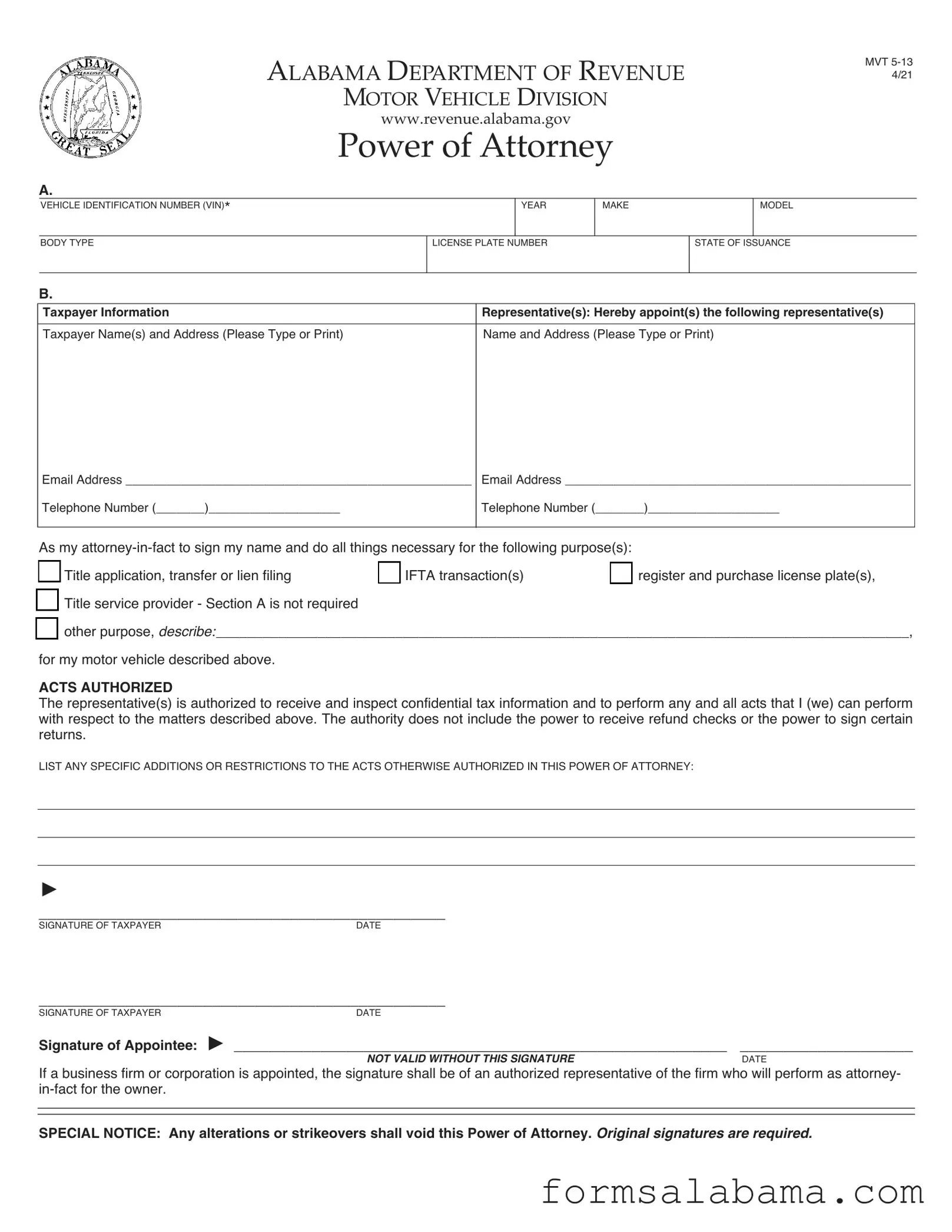 Fill Out a Valid Alabama Vehicle POA MVT 5-13 (Rev 09-19) Template
