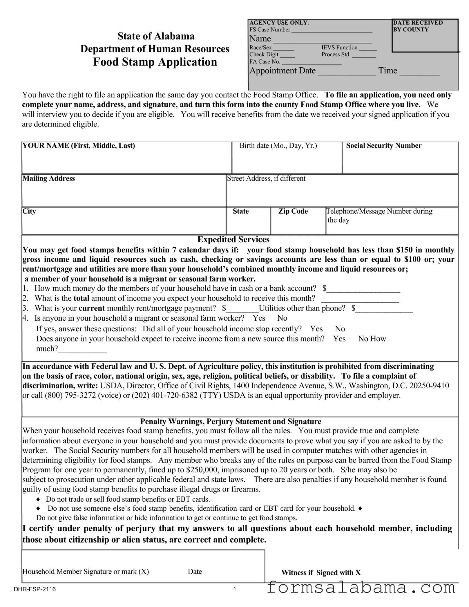 Fill Out a Valid Food Stamp Application Alabama Template