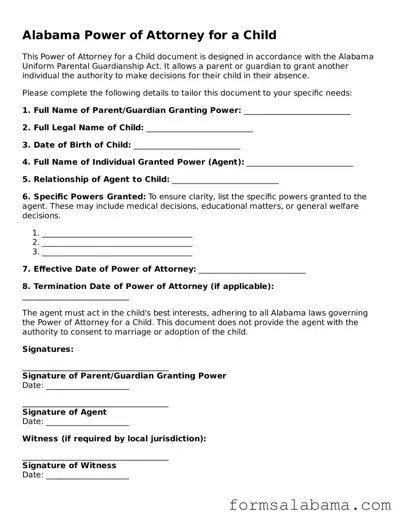 Attorney-Approved  Power of Attorney for a Child Form for Alabama