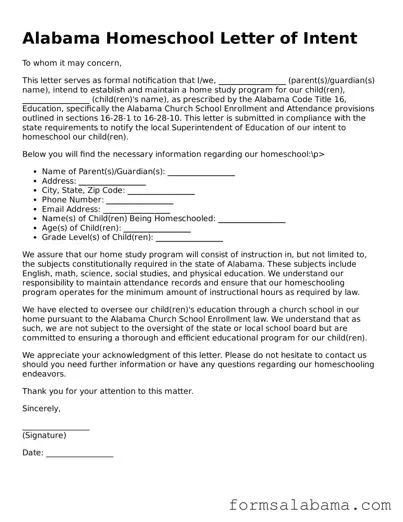Attorney-Approved  Homeschool Letter of Intent Form for Alabama