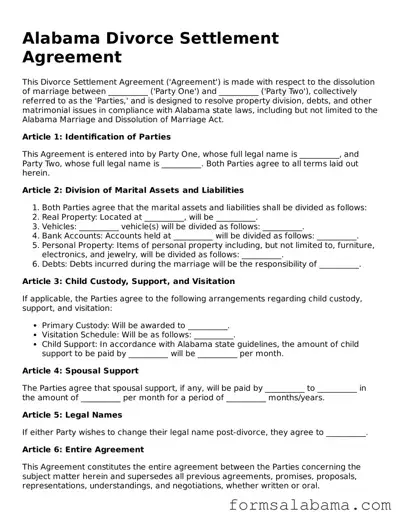 Attorney-Approved  Divorce Settlement Agreement Form for Alabama